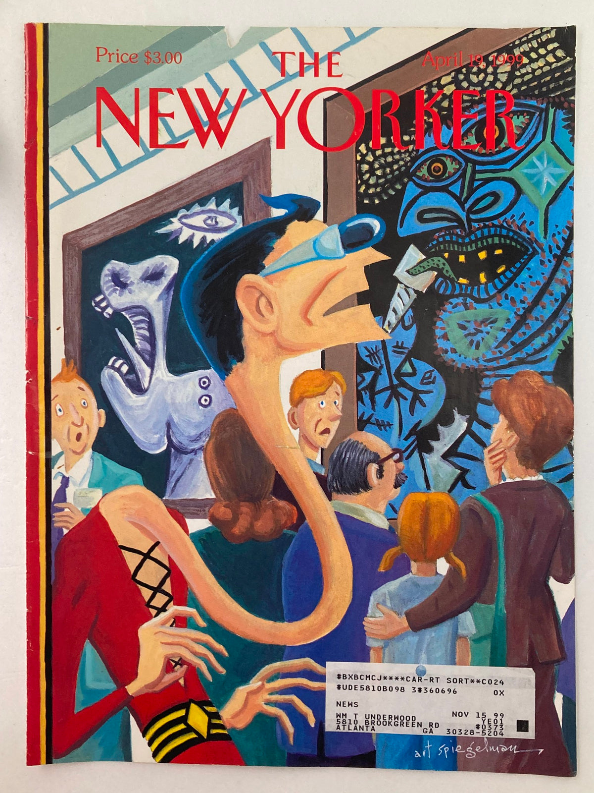 The New Yorker cover dated April 19, 1999, showcasing the artwork 'Snake Head' by Art Spiegelman. The scene highlights a whimsical character in glasses surrounded by an audience, with abstract art elements in the backdrop.
