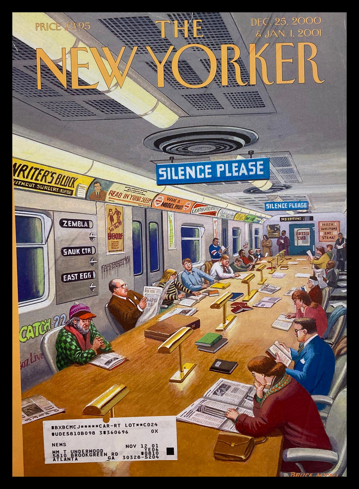 Cover of The New Yorker December 25, 2000, titled 'Under Two Flags' by Bruce McCall, depicting a busy train station scene with people reading and engaging.