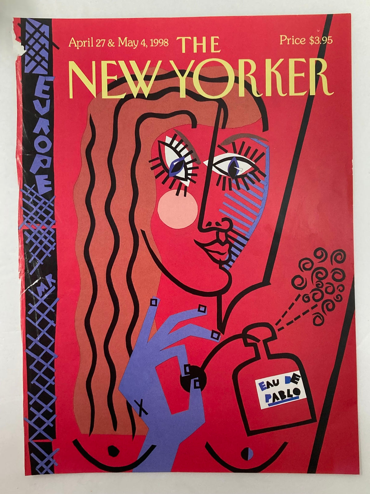 The New Yorker April 27 1998 cover 'Eau de Pablo' by Michael Roberts in acceptable condition, displaying vintage wear, abstract design, and colorful artistic elements.