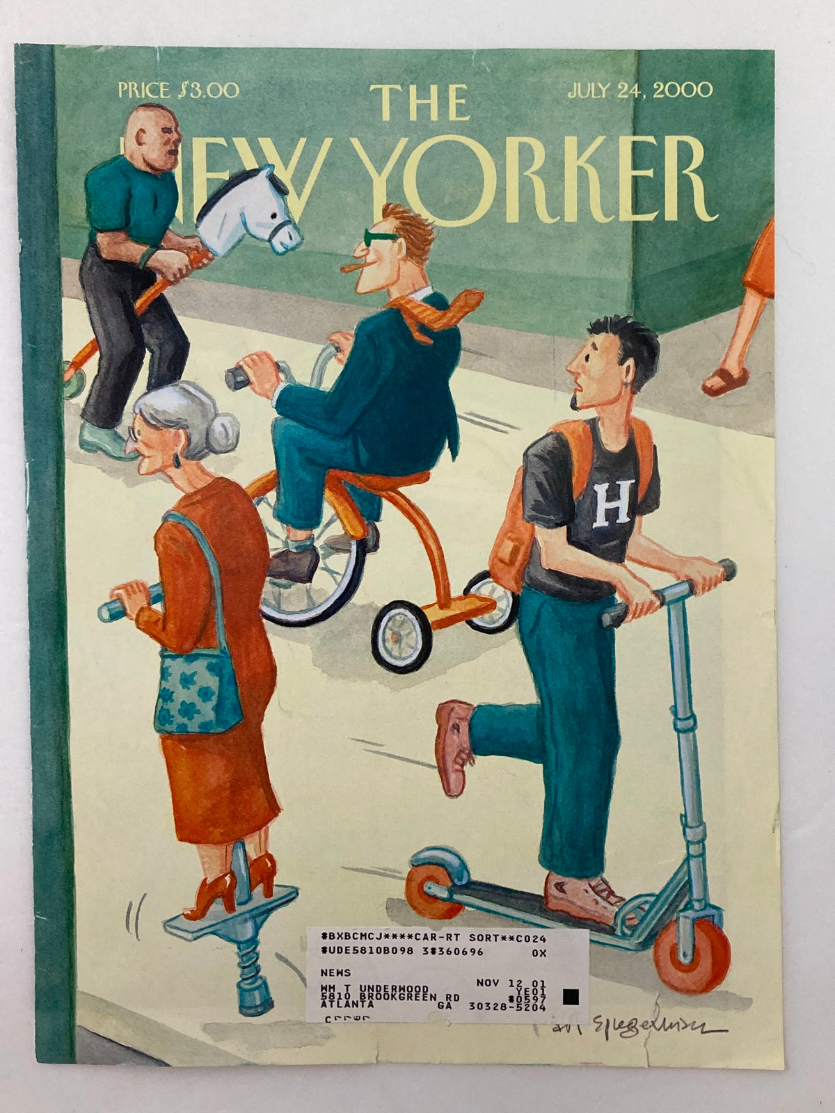 The New Yorker Cover July 24 2000 titled 'Reinventing The Wheel' by Art Spiegelman, depicting characters using scooters and unique transportation, encapsulating a humorous take on modern mobility.