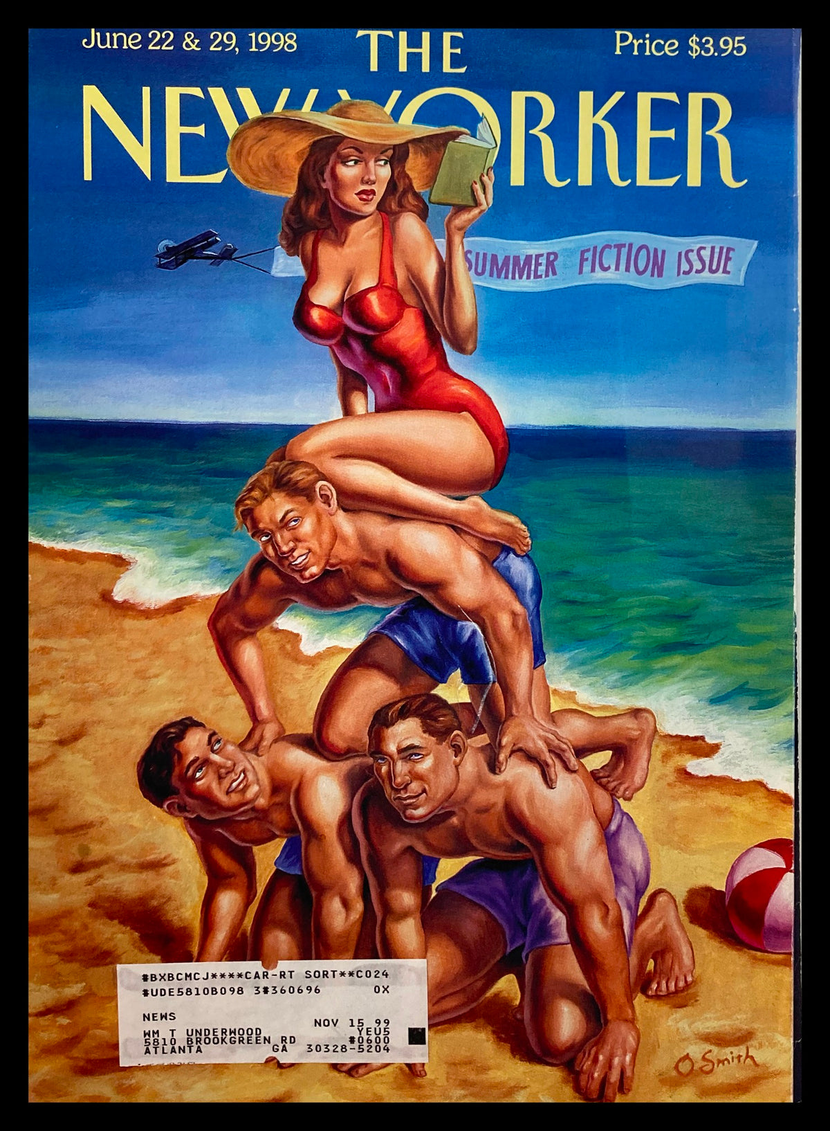 Cover of The New Yorker June 22, 1998 Summer Fiction issue illustrated by Owen Smith, featuring a woman in a red swimsuit on the beach with men playing beneath her.