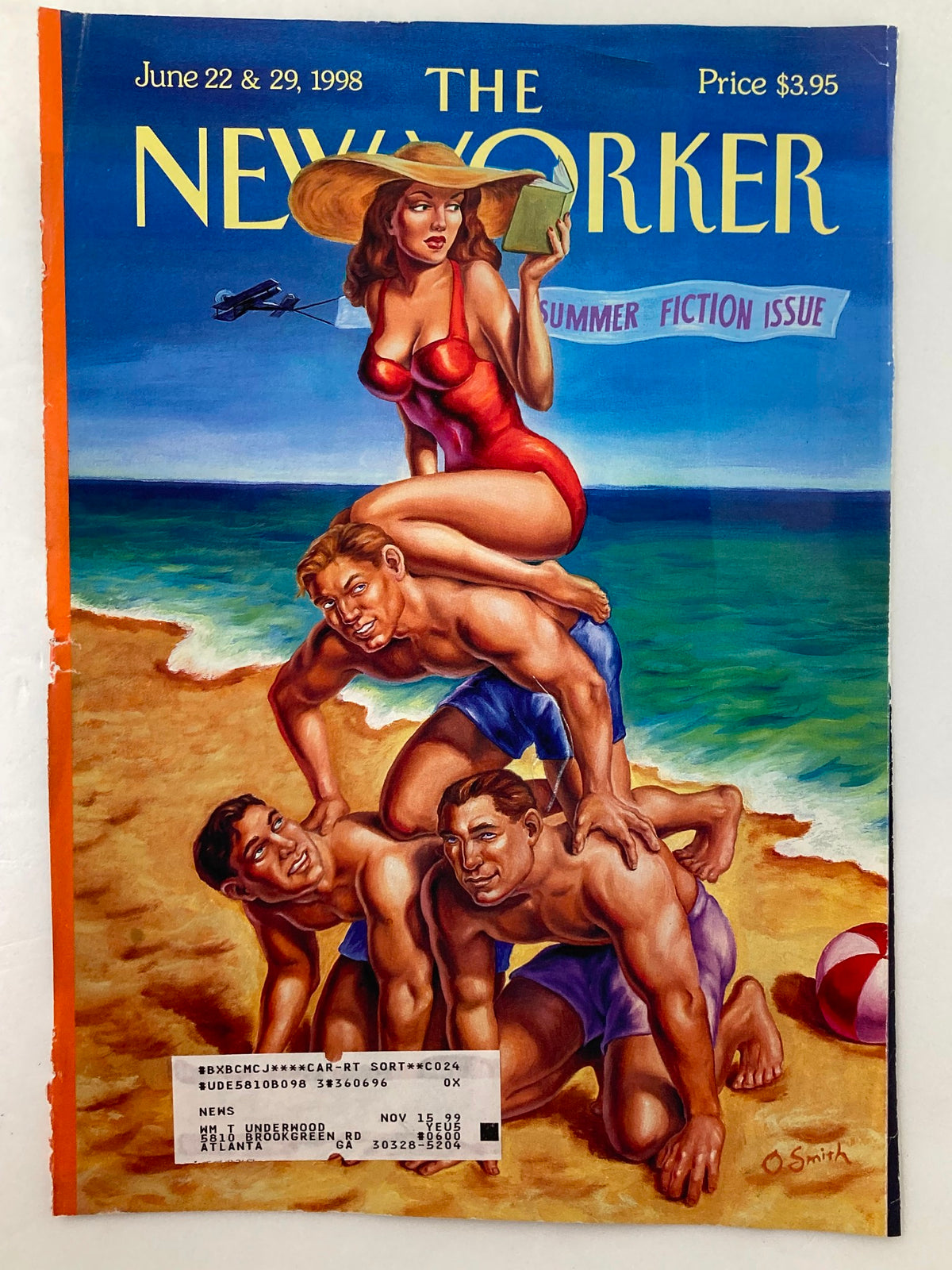 Cover of The New Yorker June 22, 1998 Summer Fiction issue illustrated by Owen Smith, showcasing a vibrant beach scene with a woman and men enjoying summer activities.