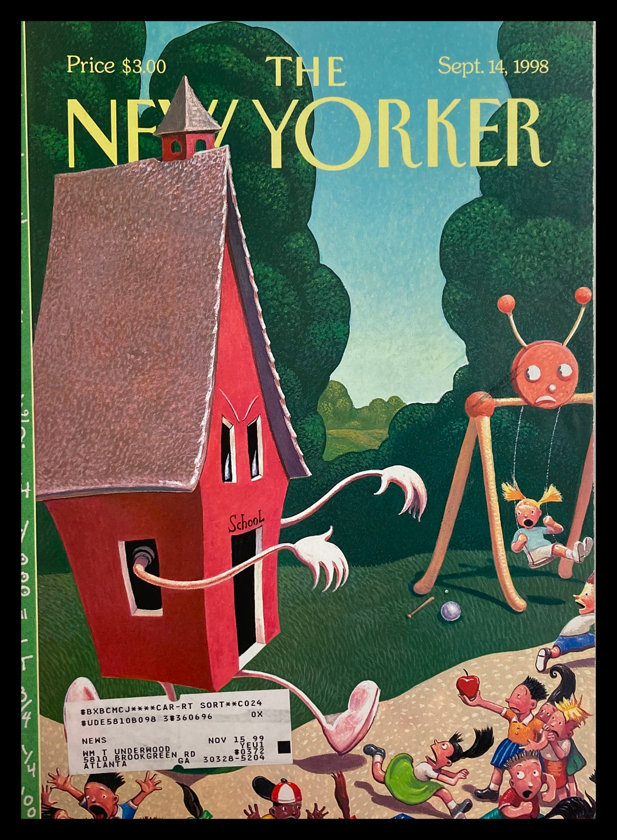 COVER ONLY The New Yorker September 14 1998 Back to School by William Joyce, featuring a whimsical schoolhouse illustration with children playing in a nostalgic setting.