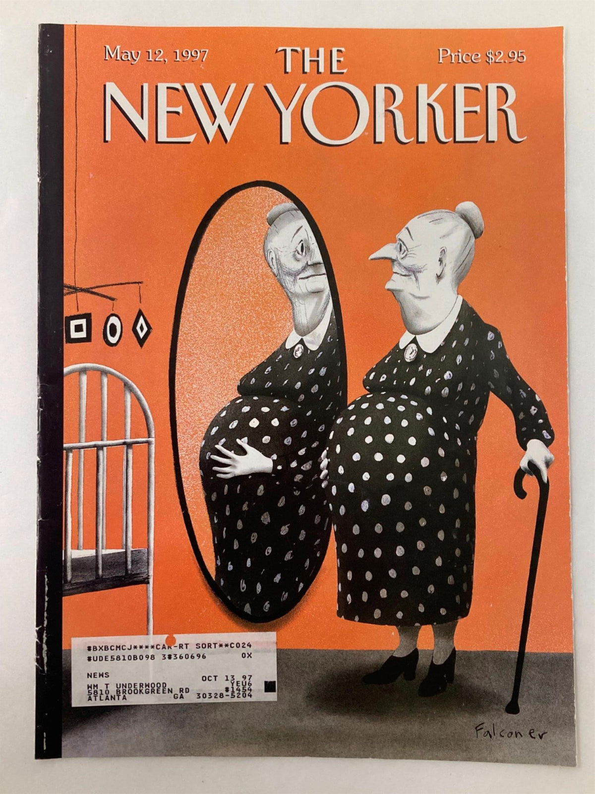 Cover of The New Yorker dated May 12, 1997, featuring an illustration by Ian Falconer depicting a whimsical scene of a woman with a polka dot dress looking at her reflection in a mirror. This vintage magazine cover captures the essence of Mother's Day and is ideal for collectors or as a decorative piece.