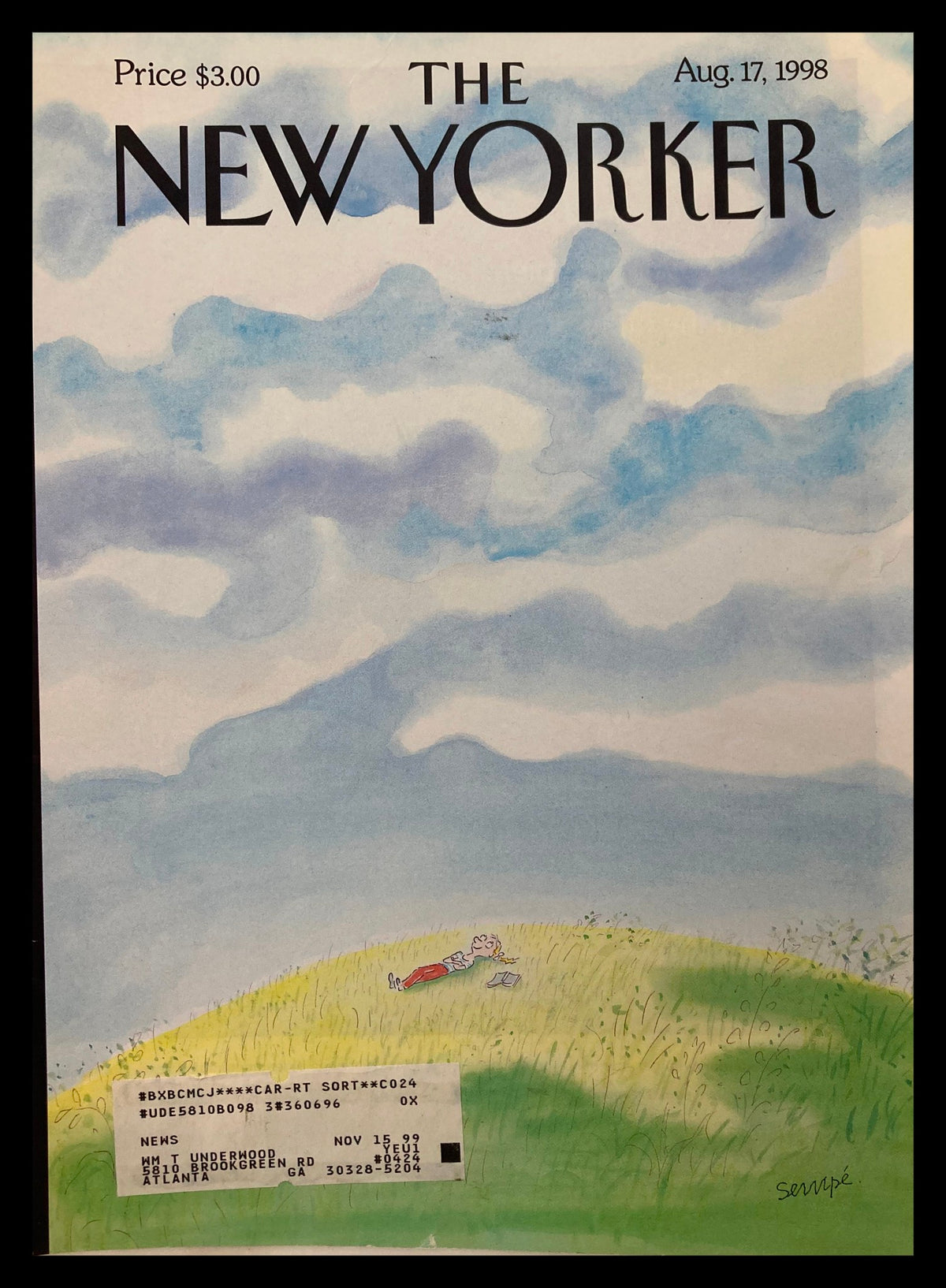 Cover of The New Yorker, August 17, 1998, titled 'Afternoon Dream' by J. J. Sempe featuring a whimsical illustration of a person reclining on a grassy hill under a blue sky.
