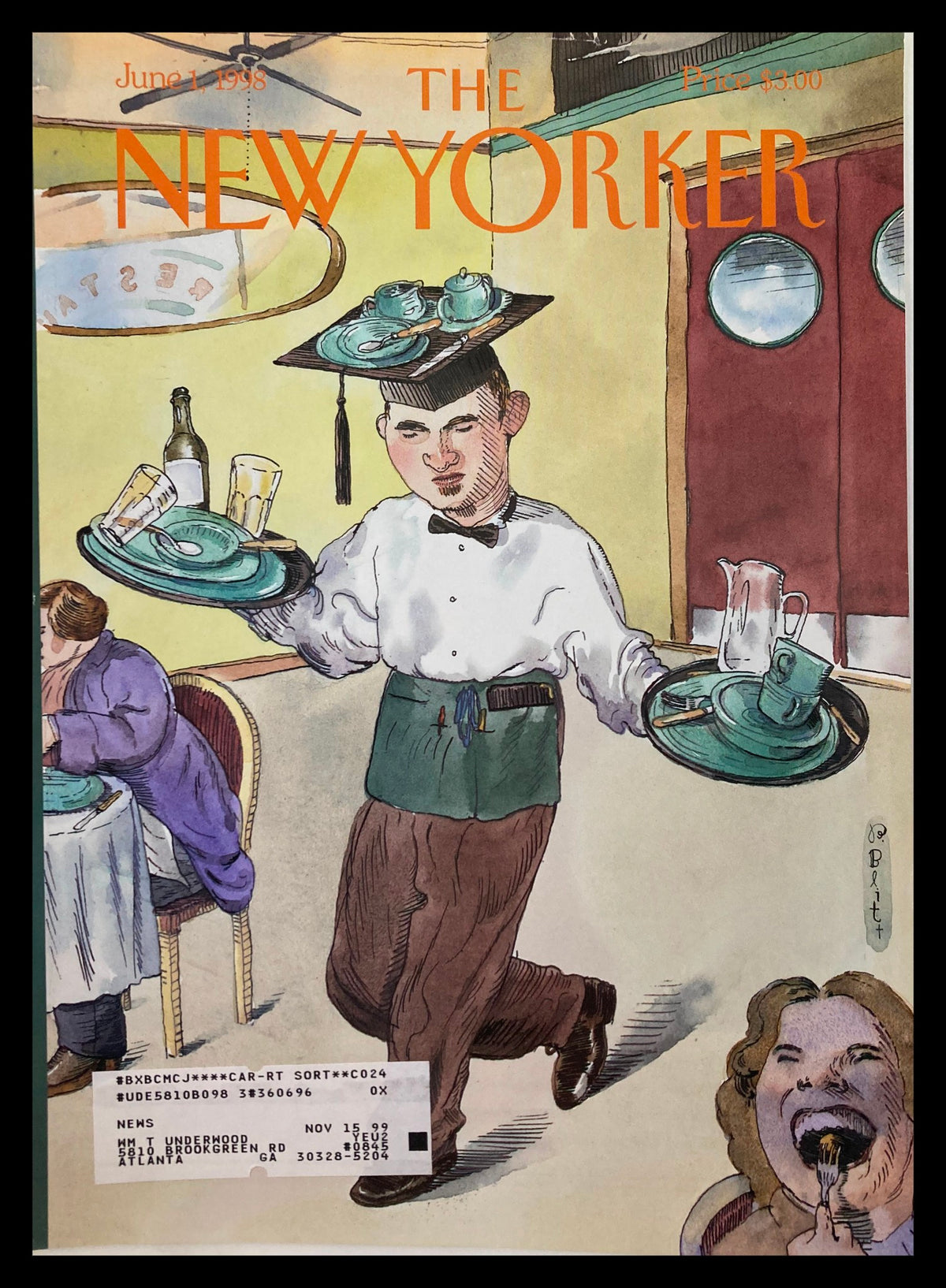 Cover of The New Yorker dated June 1, 1998, featuring a whimsical illustration by Barry Blitt depicting a waiter balancing plates and glasses, capturing the essence of humorous childhood nostalgia.
