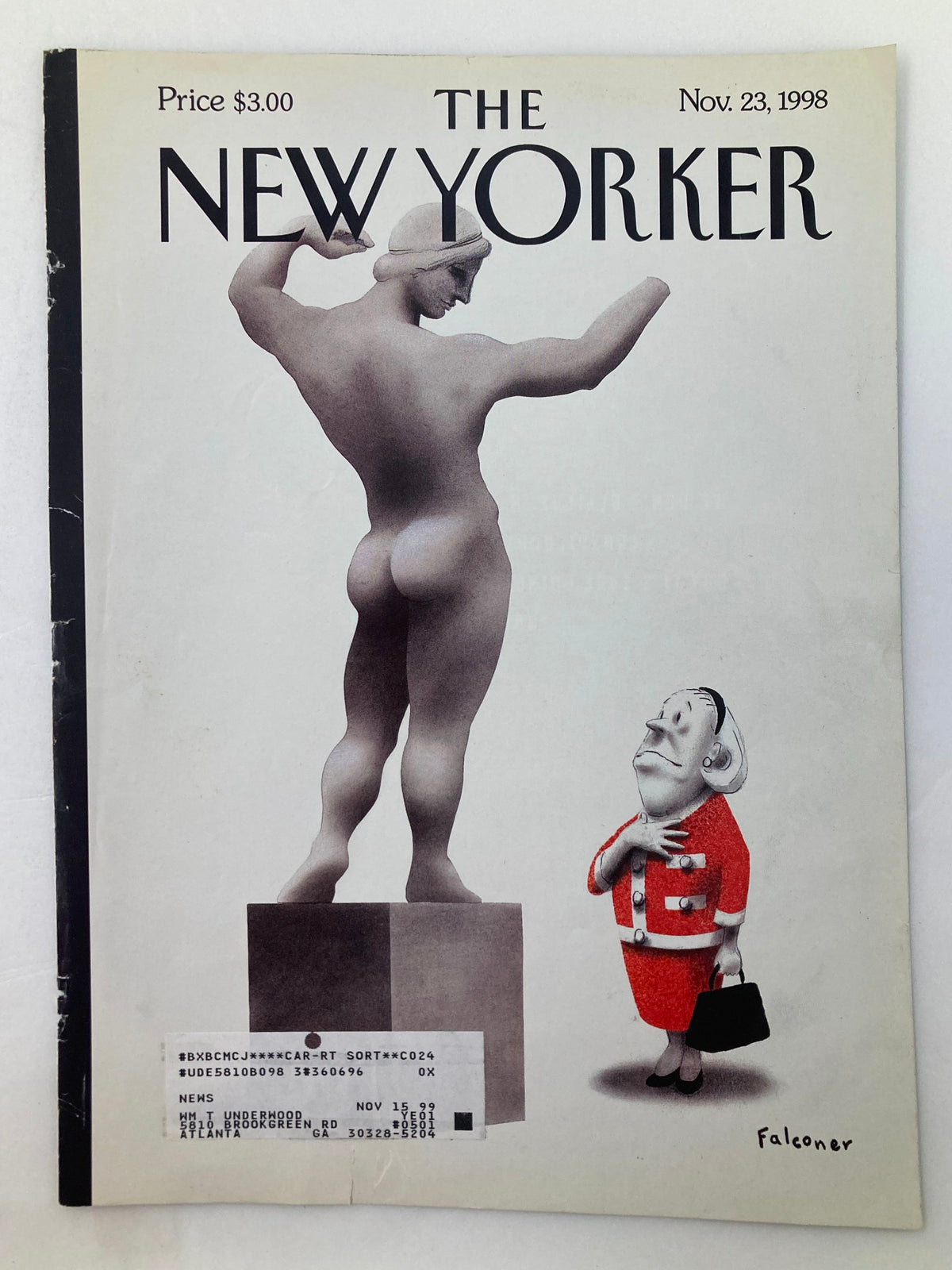 Cover of The New Yorker November 23, 1998 depicting a statue with an illustrated character in a red coat, representing art appreciation by Ian Falconer.