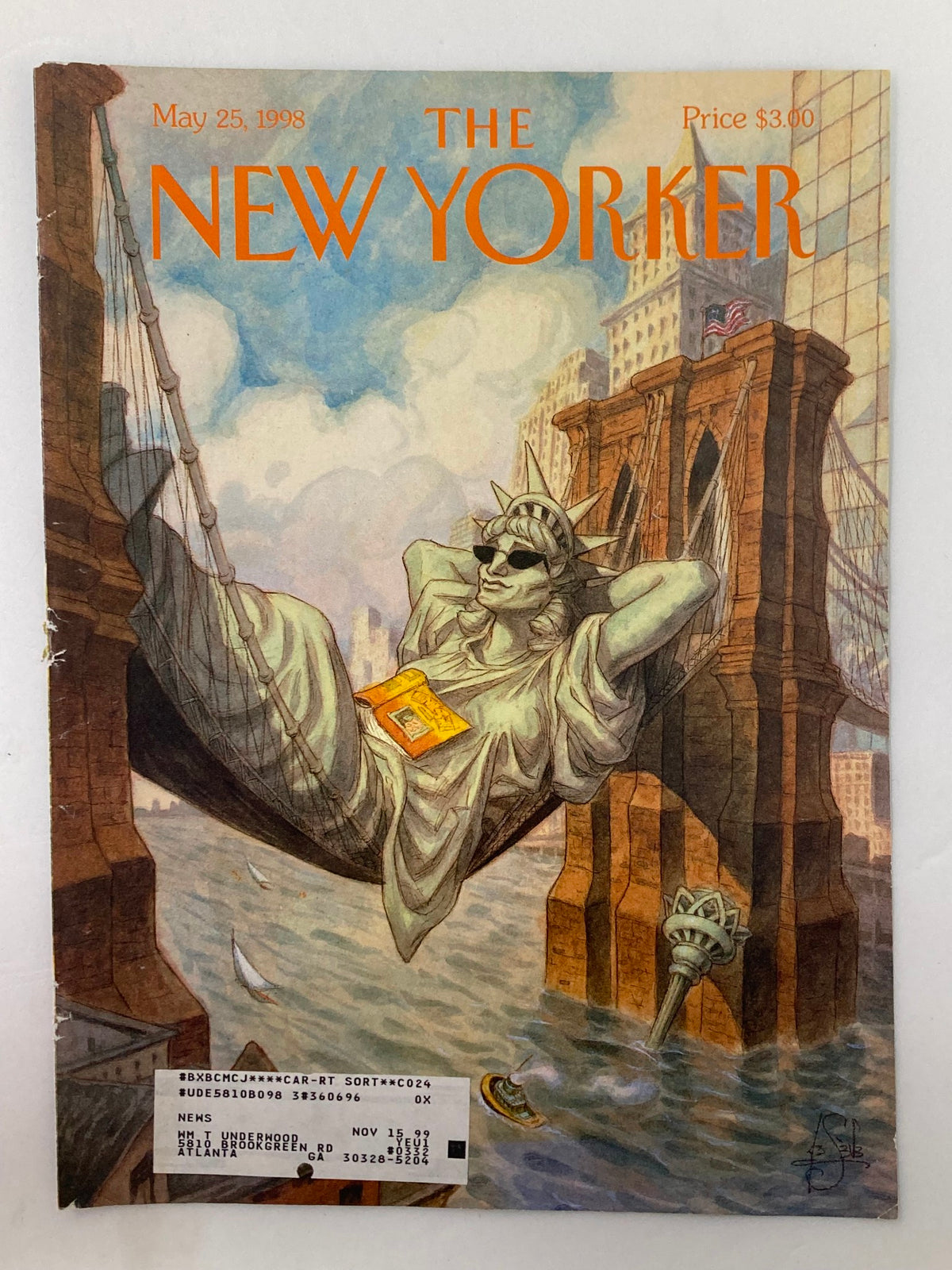 Cover of The New Yorker magazine dated May 25, 1998, displaying the Statue of Liberty in sunglasses, the artwork titled 'Liberty Chilling' by Peter de Seve. Good condition with a small label on the front, measures 8" x 10 3/4".