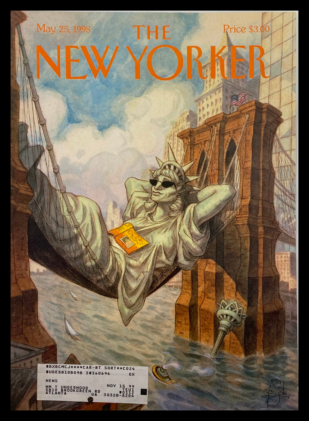 Cover of The New Yorker magazine from May 25, 1998, featuring the Statue of Liberty wearing sunglasses and lounging, titled 'Liberty Chilling' by Peter de Seve. Good condition with minor wear, measures 8" x 10 3/4", comes with plastic protective covering.