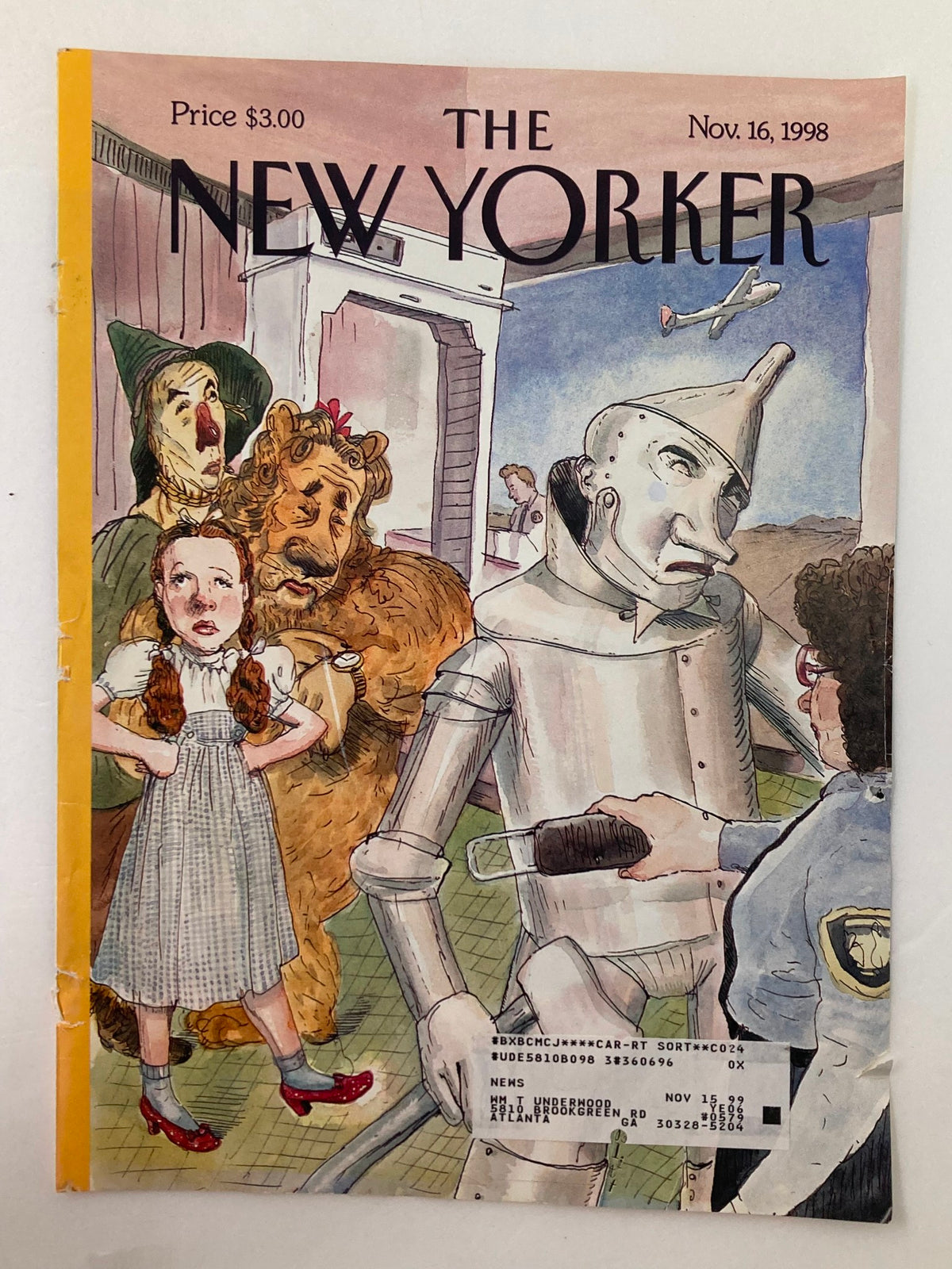 Cover of The New Yorker dated November 16, 1998, featuring the whimsical illustration 'Off to See The Wizard' by Barry Blitt, depicting Dorothy with the Tin Man, Cowardly Lion, and Scarecrow.