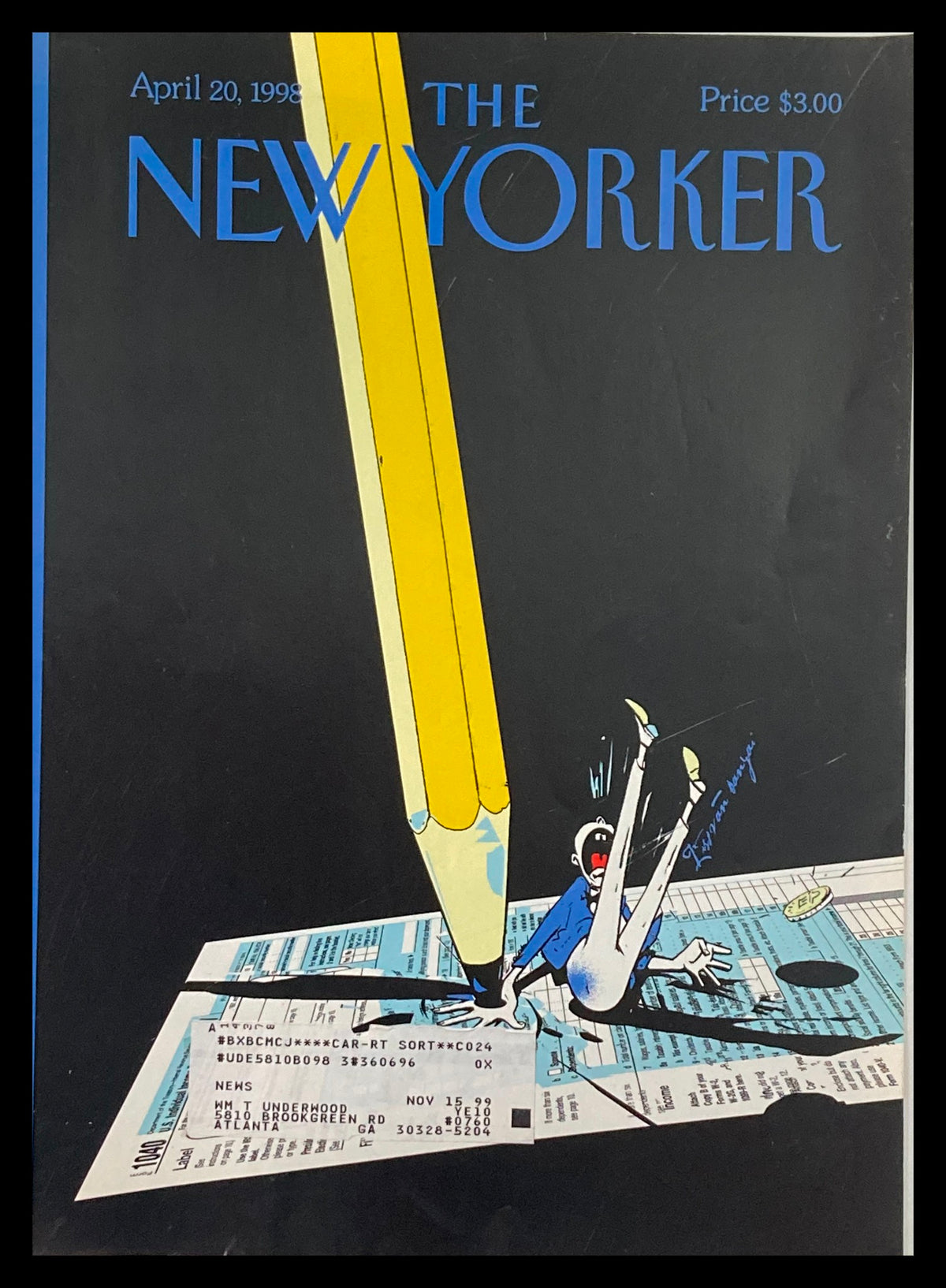 Cover of The New Yorker magazine from April 20, 1998, titled 'Nothing is Certain But' by Istan Banyai, featuring a humorous illustration of a character under a large pencil; perfect for art enthusiasts and collectors.