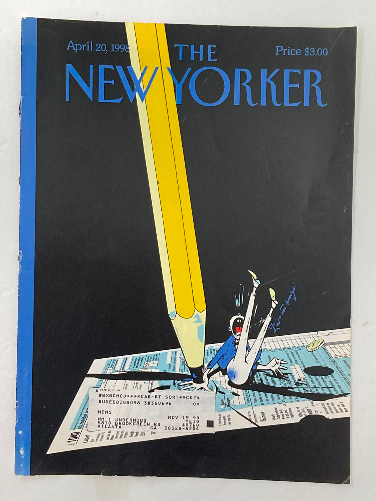 Cover of The New Yorker April 20, 1998 titled 'Nothing is Certain But' illustrated by Istan Banyai, featuring a whimsical cartoon showcasing a large pencil and a character in a humorous pose.