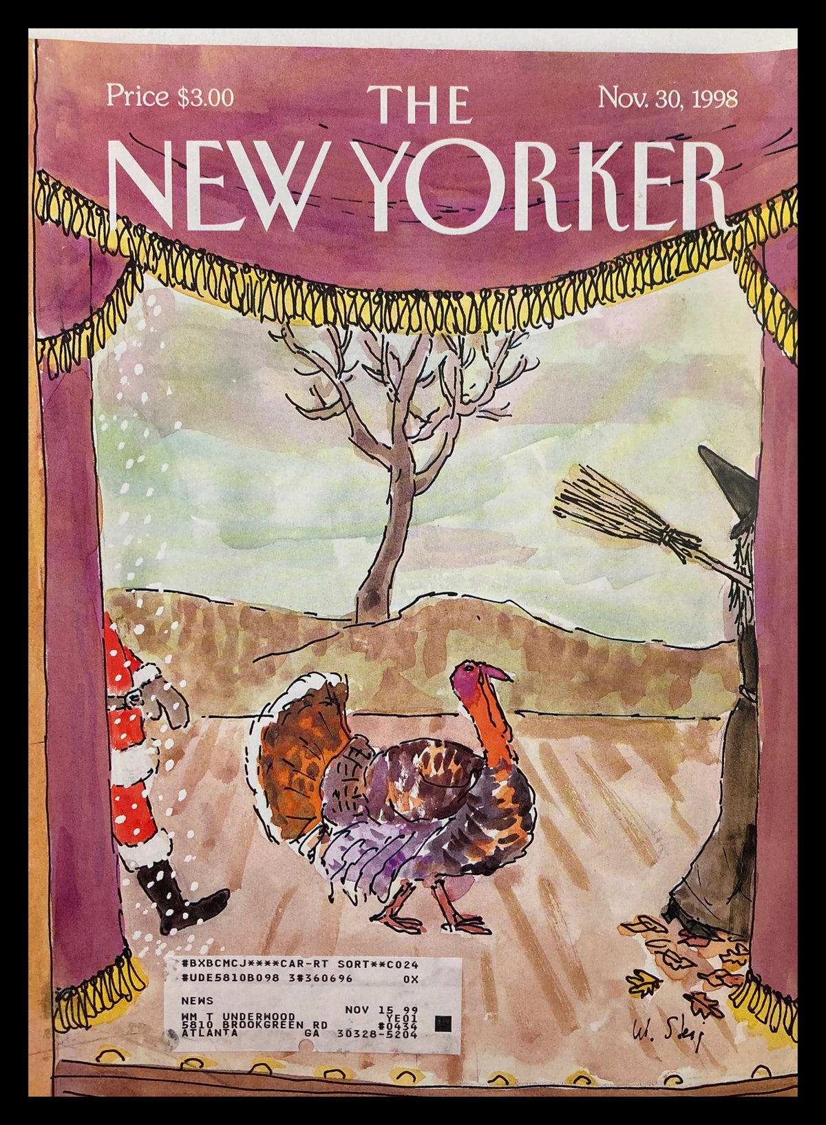 Cover art of The New Yorker from November 30, 1998, featuring a whimsical Christmas turkey illustrated by William Steig, showcasing a turkey on a stage with a Santa figure and a witch in the background.
