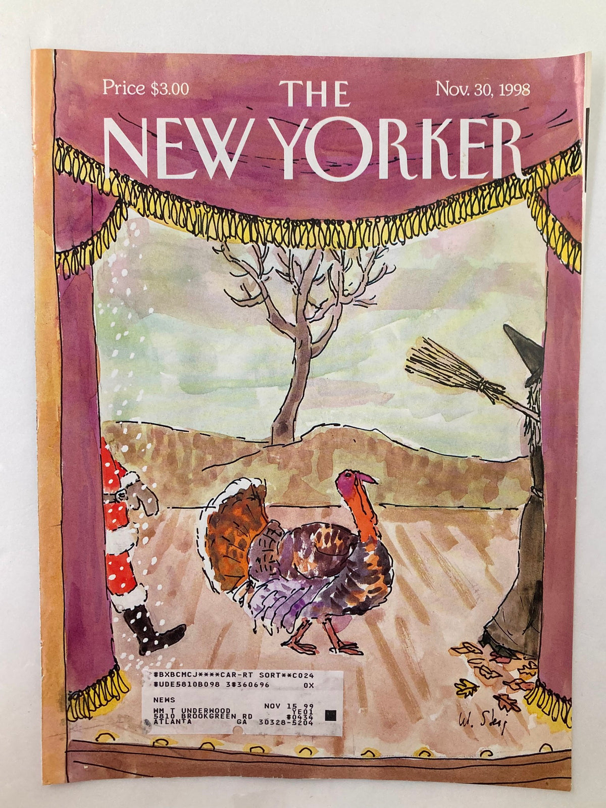 Cover art of The New Yorker from November 30, 1998, depicting a humorous scene with a Christmas turkey by William Steig, alongside Santa Claus and a witch on stage, capturing a festive and playful holiday theme.