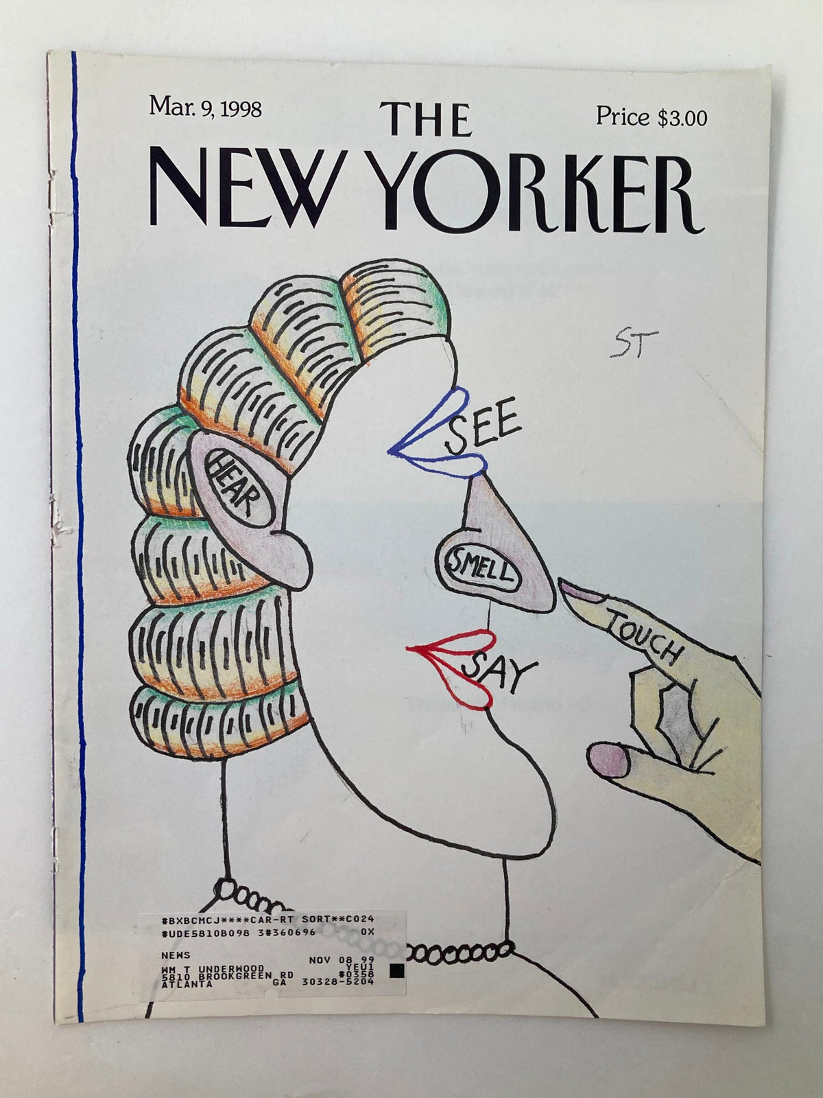 Cover of The New Yorker from March 9, 1998 featuring the artwork 'Five Senses' by Saul Steinberg, illustrating a whimsical depiction of the five senses with colorful sketches.