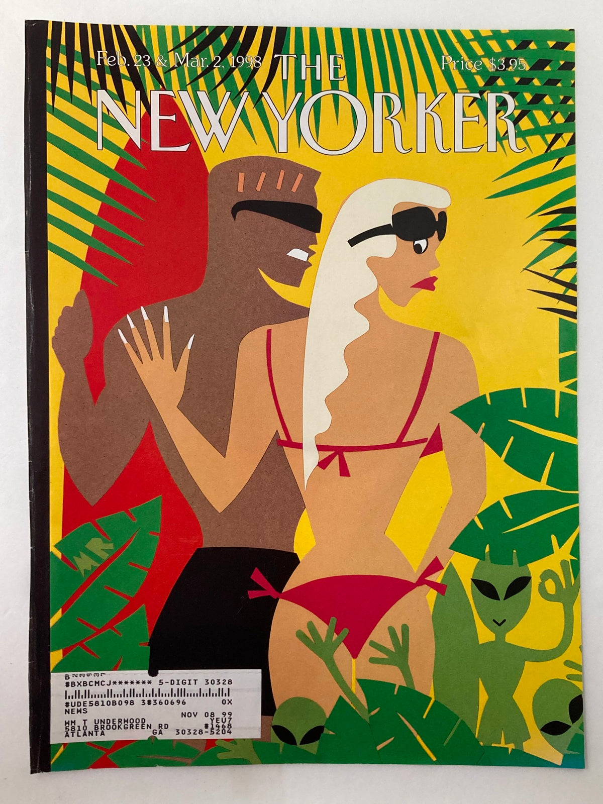 Cover of The New Yorker dated February 23, 1998, illustrating 'California Sighting' by M. Roberts, depicting a colorful scene with figures enjoying a sunny day surrounded by tropical elements.