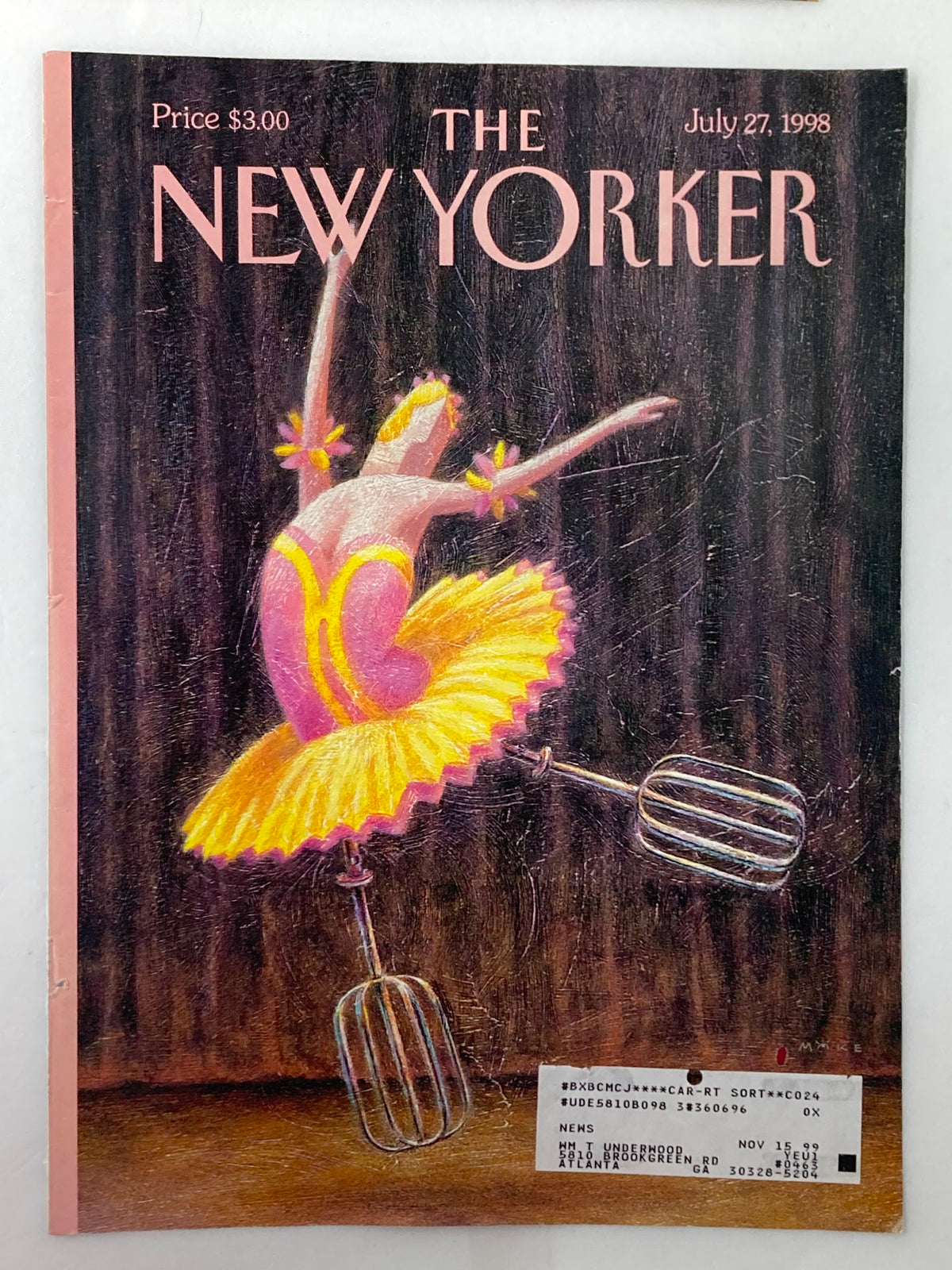 Cover of The New Yorker magazine dated July 27, 1998, titled 'Stirring Performances' by Mike Hodges, showcasing a ballerina with colorful attire and kitchen beaters, illustrating artistic creativity.