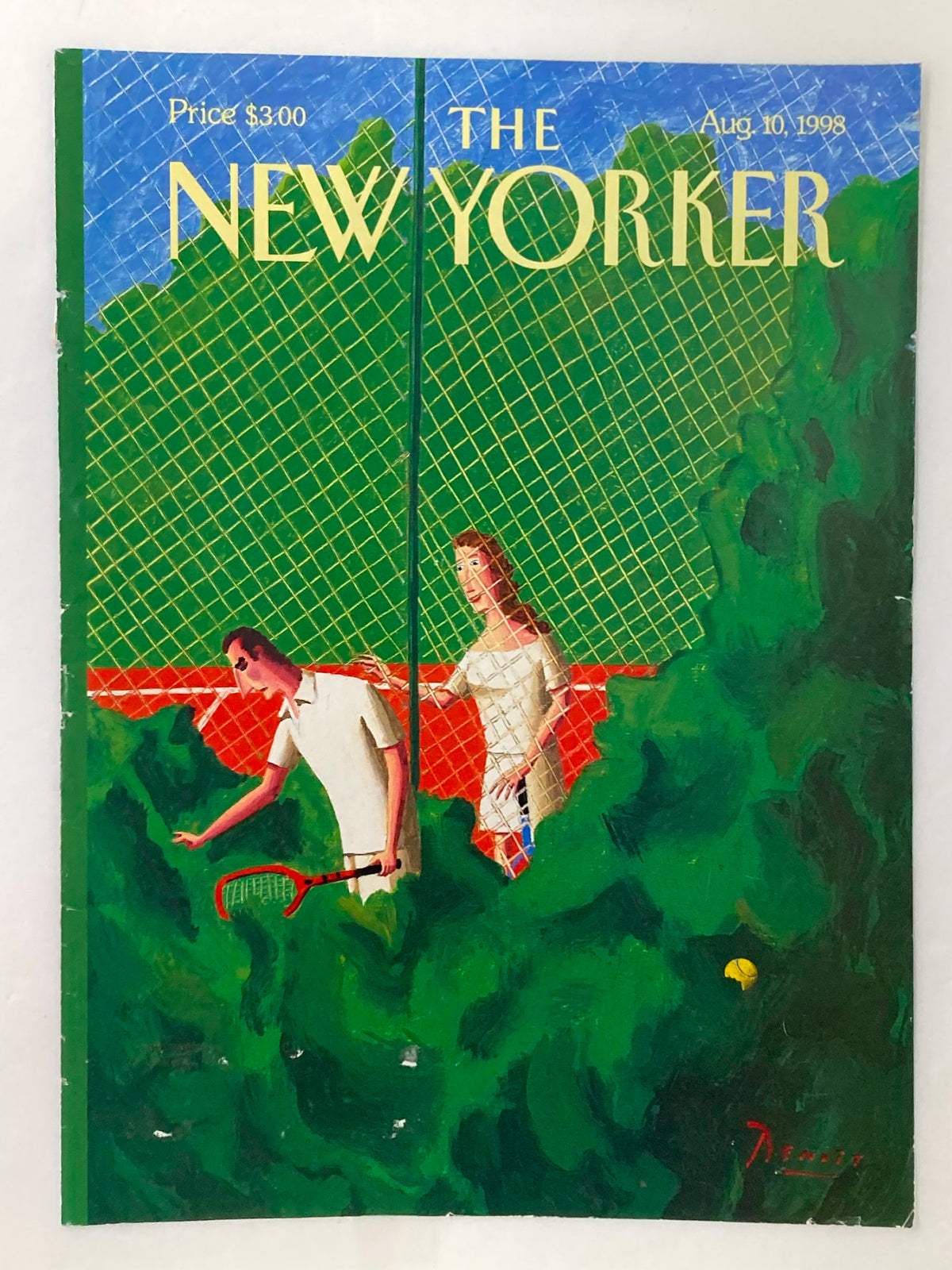 The New Yorker magazine cover from August 10, 1998, titled 'Advantage Out' by Benoit van Innis, depicting a vibrant tennis illustration with a man holding a racket and a woman in a white dress.