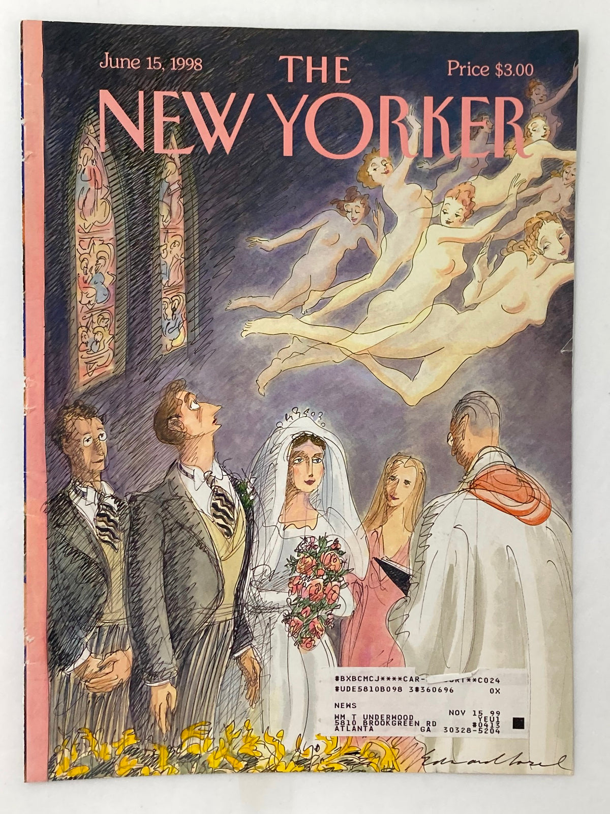 The New Yorker June 15 1998 cover titled 'Temptation' by Edward Sorel, depicting a wedding ceremony with characters in formal attire and ethereal figures above.