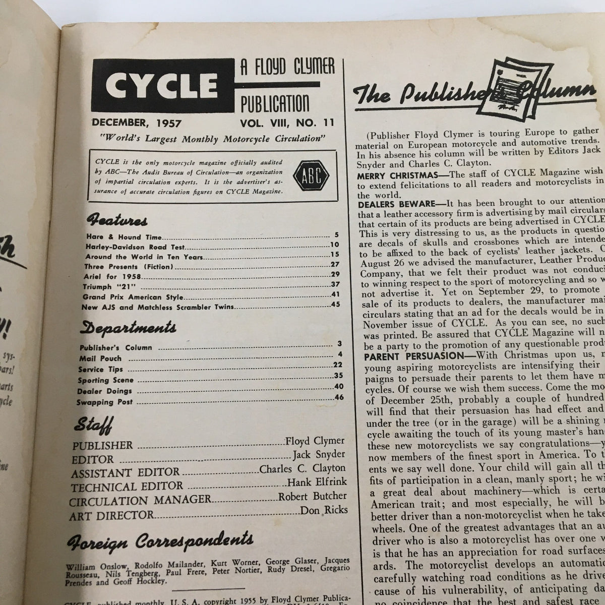 Contents page of VTG Cycle Magazine December 1957, detailing features and departments, including 'Around The World in Ten Years'.