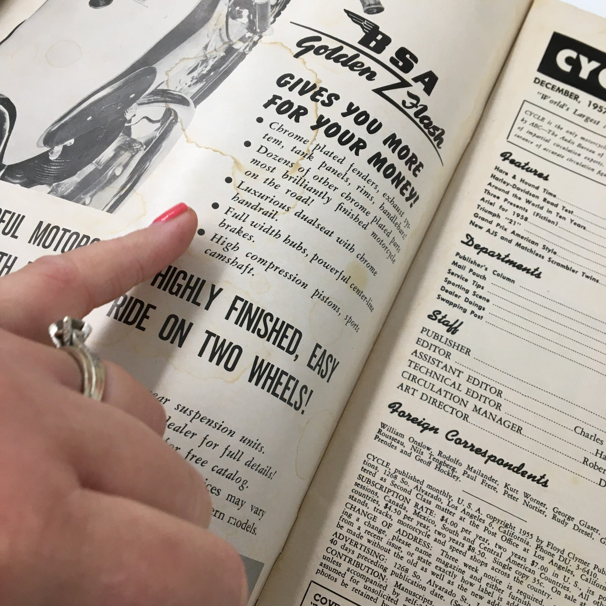 Interior page of VTG Cycle Magazine December 1957 showcasing an advertisement for BSA motorcycles with detailed features.