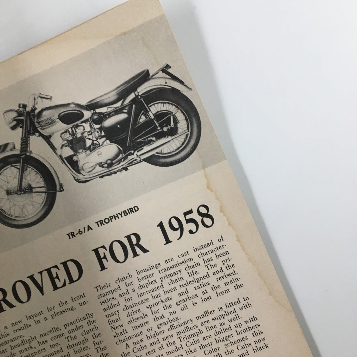 Inside page of VTG Cycle Magazine January 1958 displaying a motorcycle model, emphasizing the engineering enhancements for 1958.