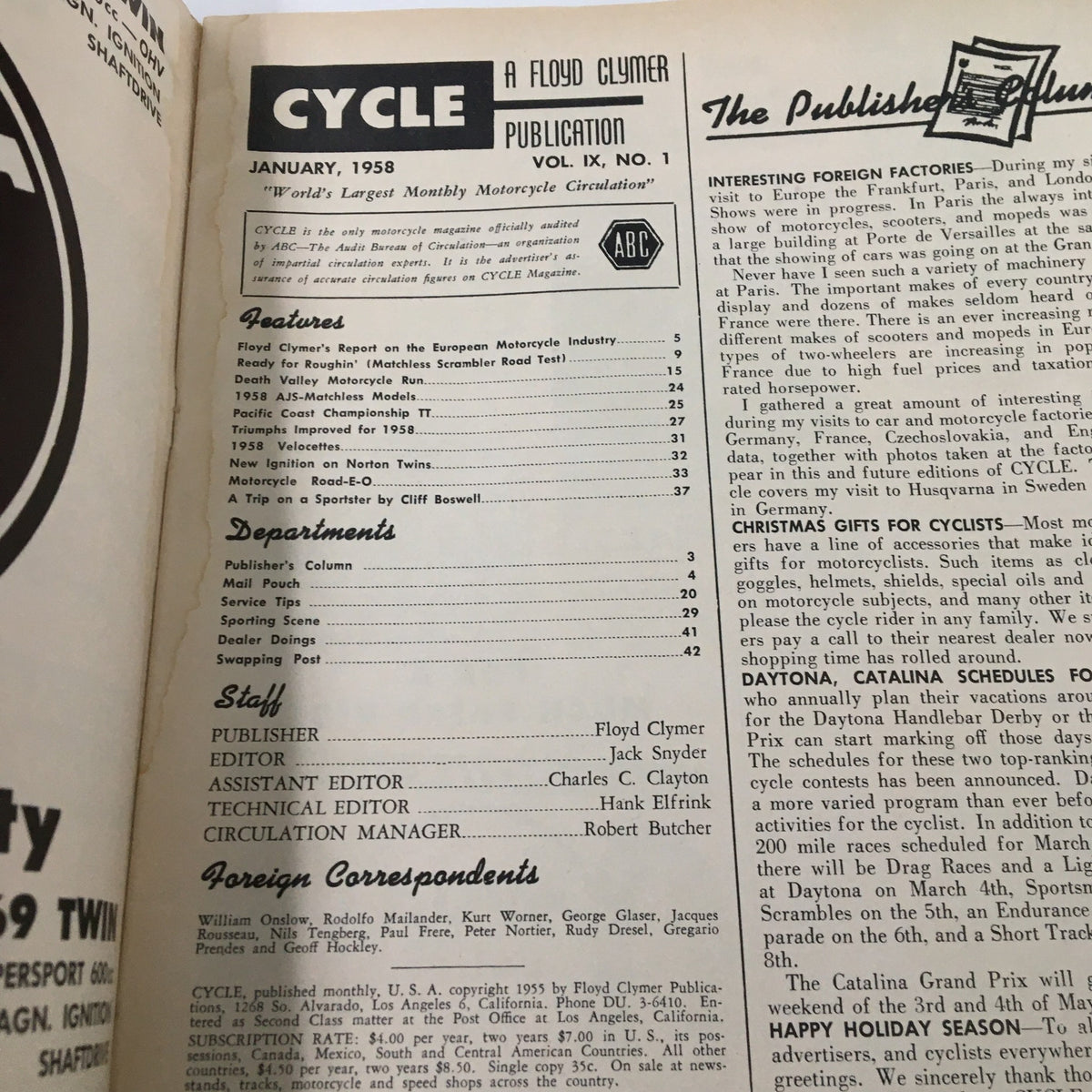 Another inside page of VTG Cycle Magazine January 1958 that lists features and departments, reflecting the magazine's focus on motorcycle culture.