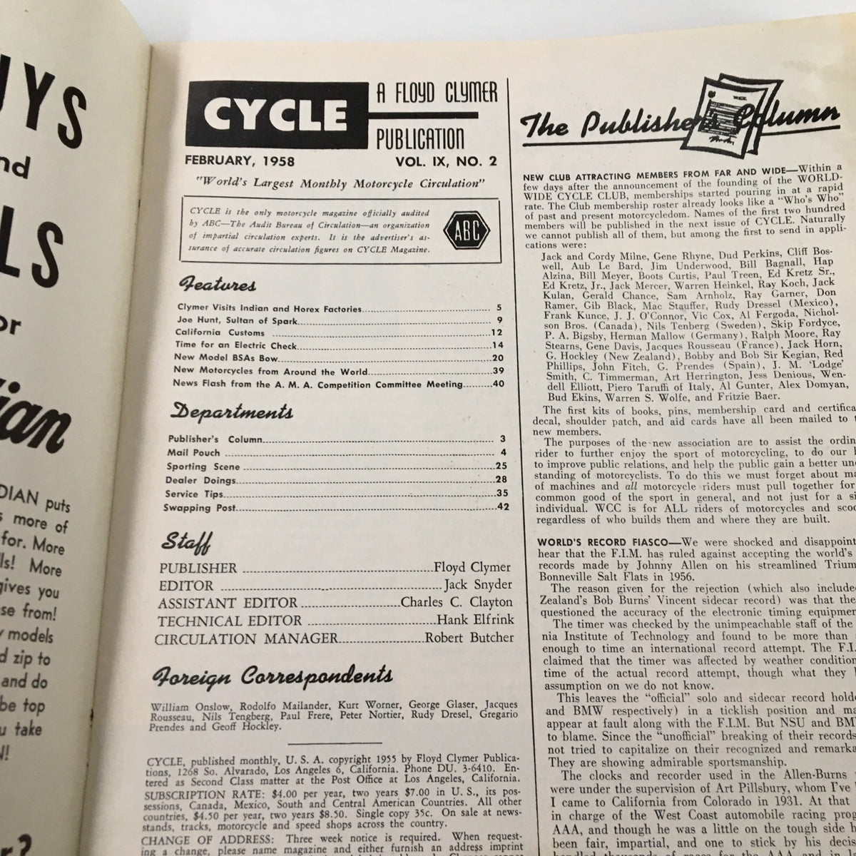 Interior page of VTG Cycle Magazine February 1958, showcasing the table of contents and featured articles including 'Time for an Electric Check.'