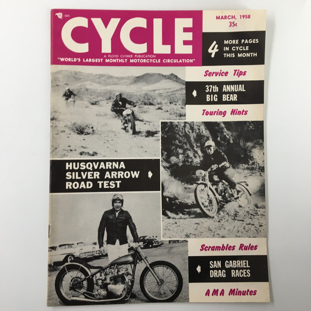 Cover of VTG Cycle Magazine March 1958 showcasing the California State Championship Scrambles, featuring motorcycle racing images and headlines about Husqvarna Silver Arrow road test.