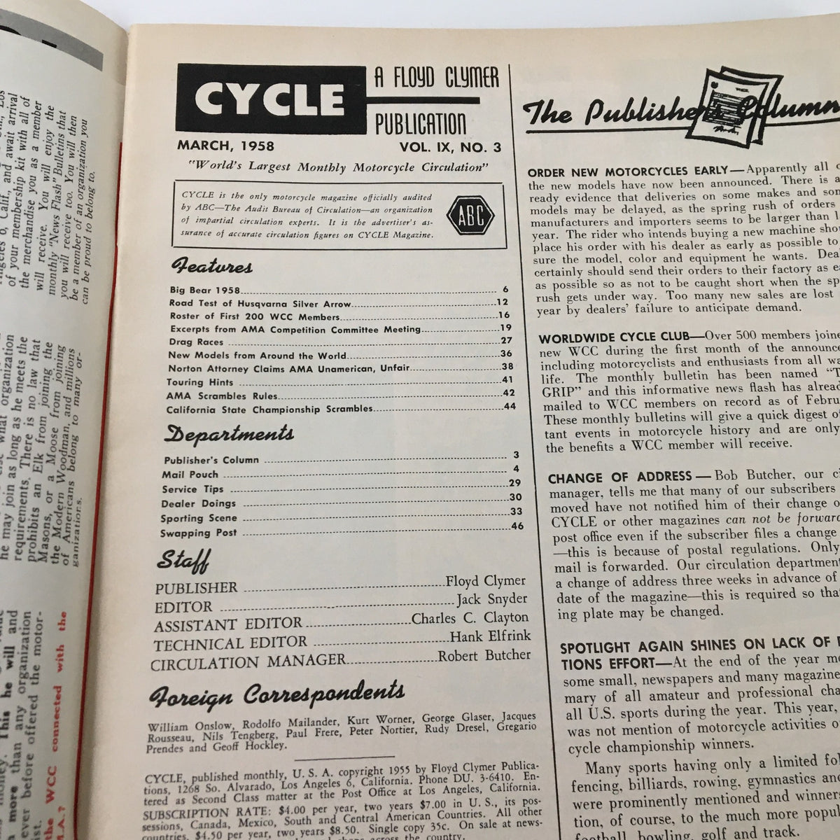 Interior page of VTG Cycle Magazine March 1958 displaying the publication details including features and departments, highlighting the California State Championship Scrambles and motorcycle topics.