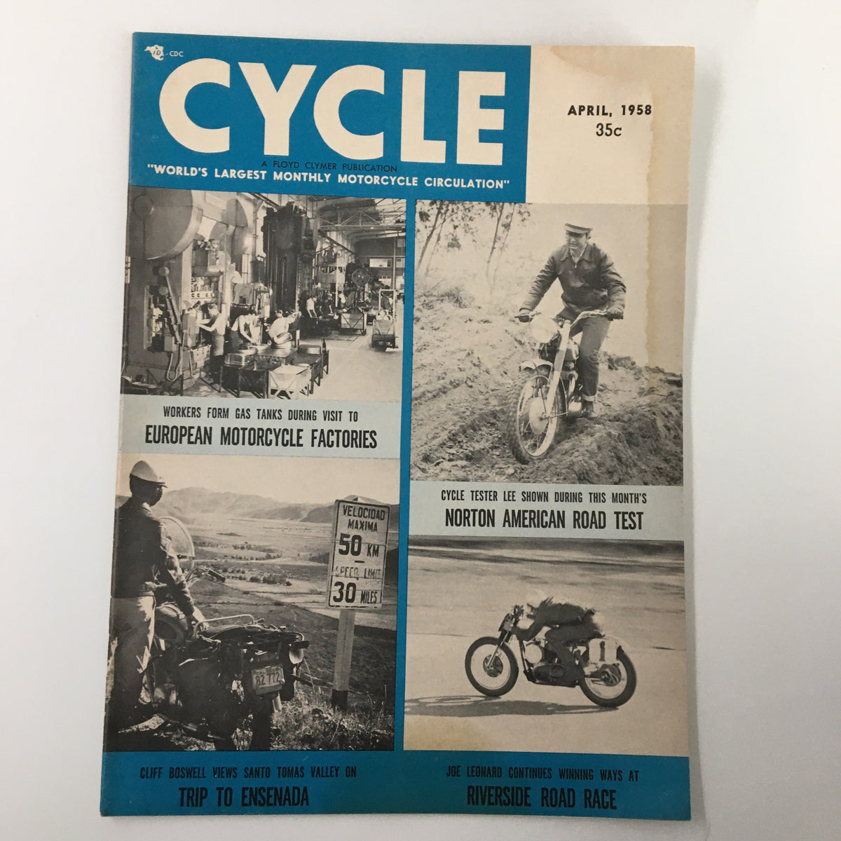 Cover of VTG Cycle Magazine April 1958 featuring articles on European motorcycle factories and road tests, showcasing a vintage design.