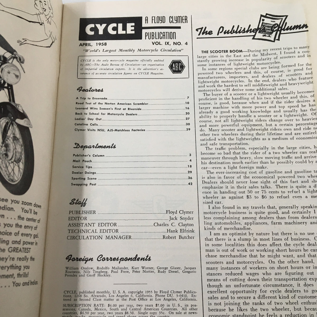 Inside page of VTG Cycle Magazine April 1958 displaying the publication details and feature articles, providing insights into motorcycle culture of the era.