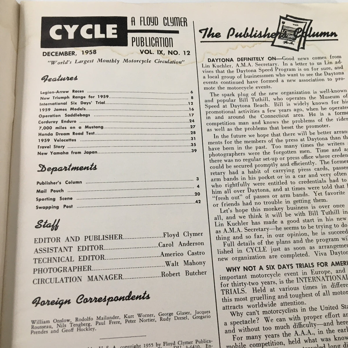 Table of contents page from VTG Cycle Magazine December 1958 outlining various articles and features, providing insight into the topics covered in this vintage issue.