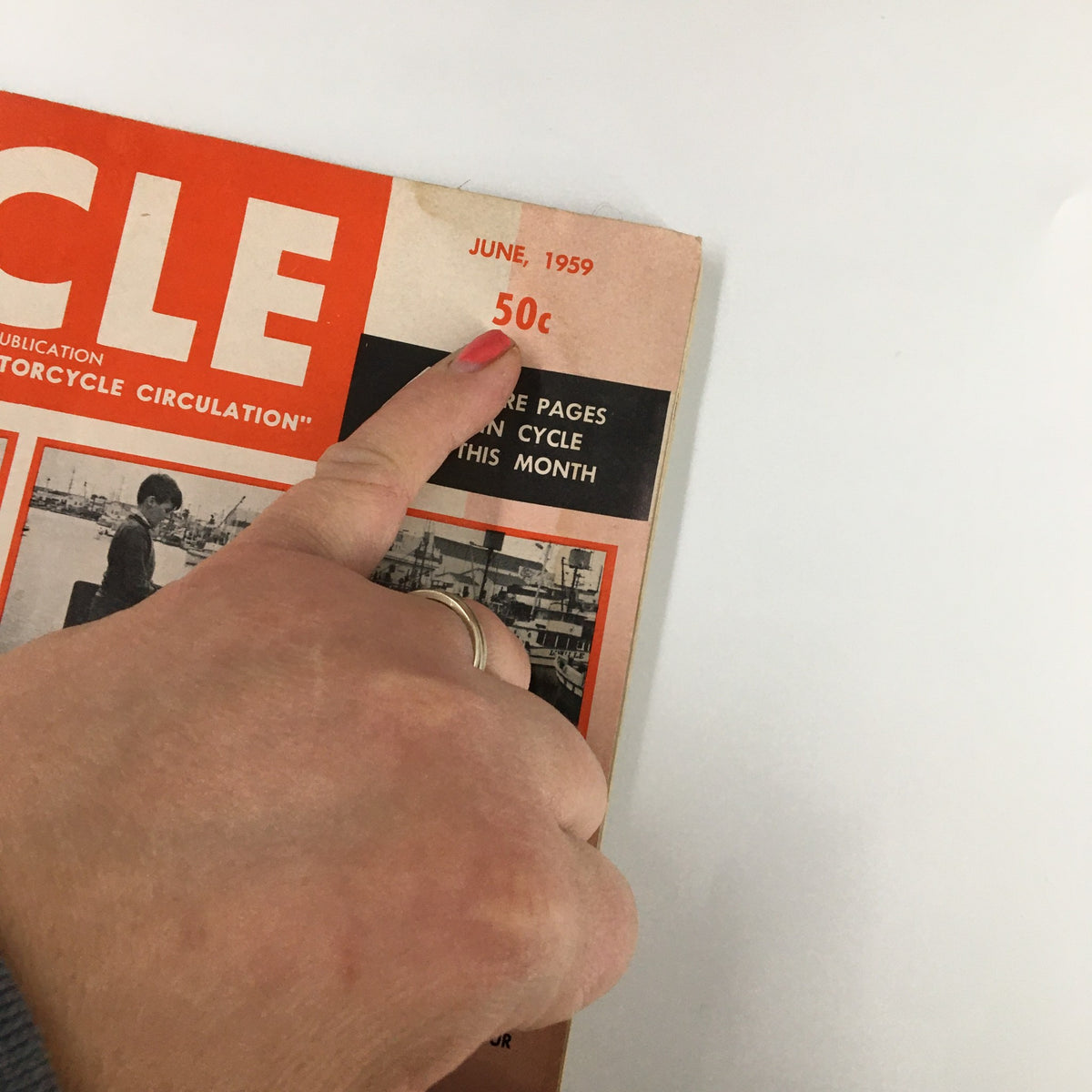 Close-up of the June 1959 date and price on the cover of VTG Cycle Magazine, highlighting its collectible nature and historical significance.