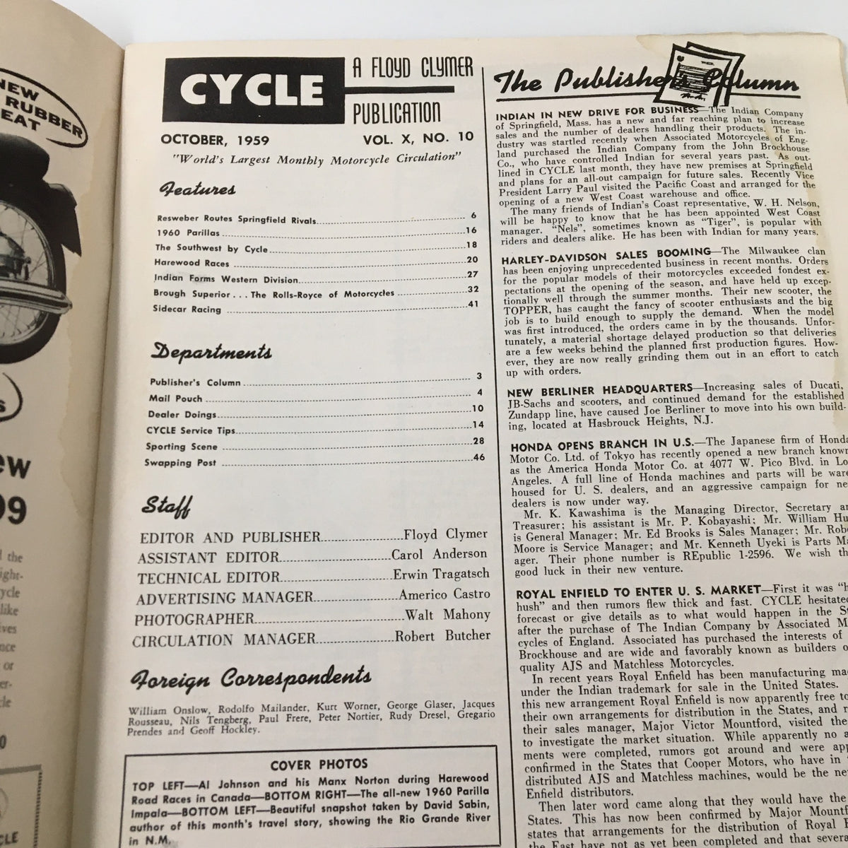 Inside page of the VTG Cycle Magazine October 1959 showing the publication details and feature articles.