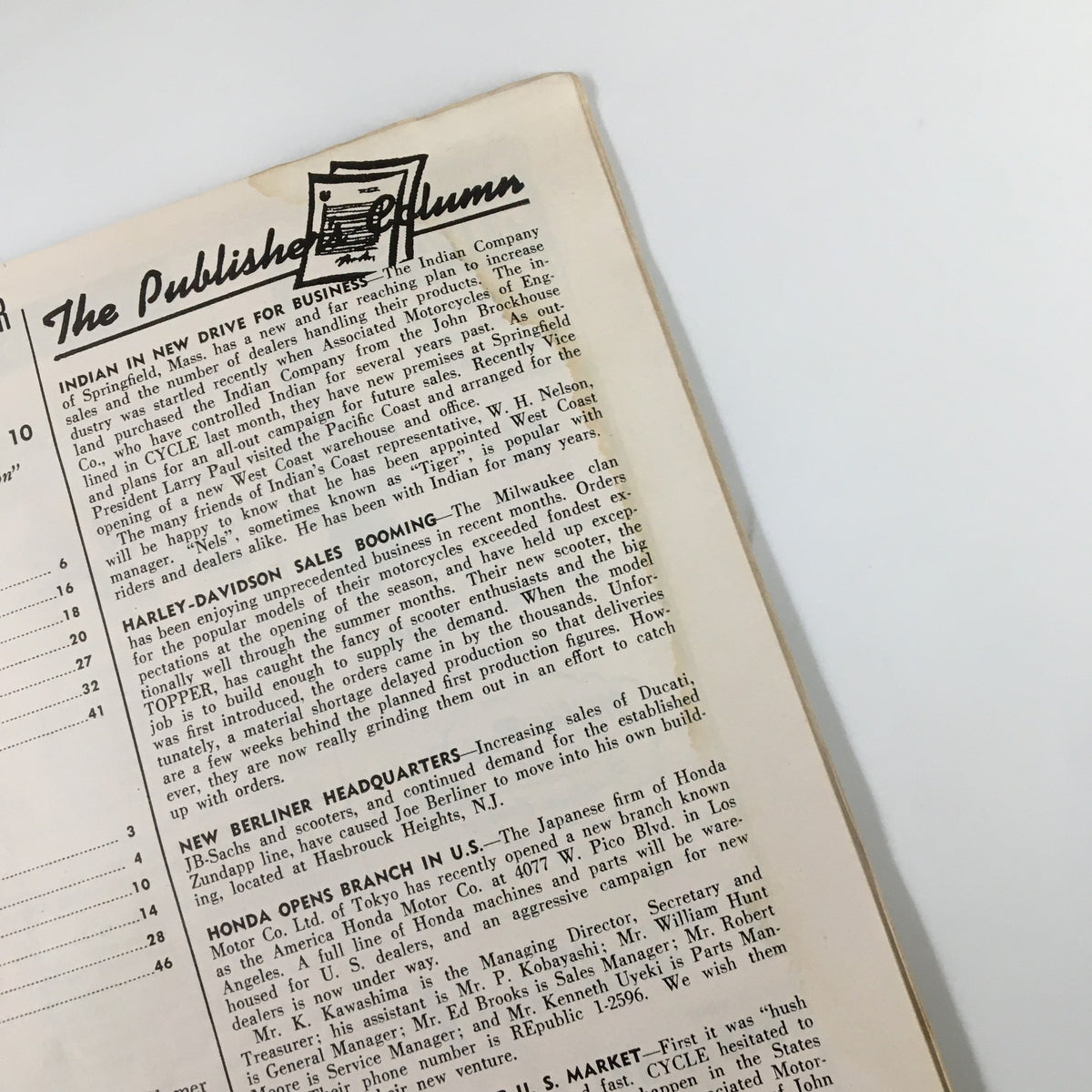 Inside page of VTG Cycle Magazine October 1959 featuring articles on motorcycle industry updates including Indian, Harley-Davidson, and Honda, showcasing historical cycling content.