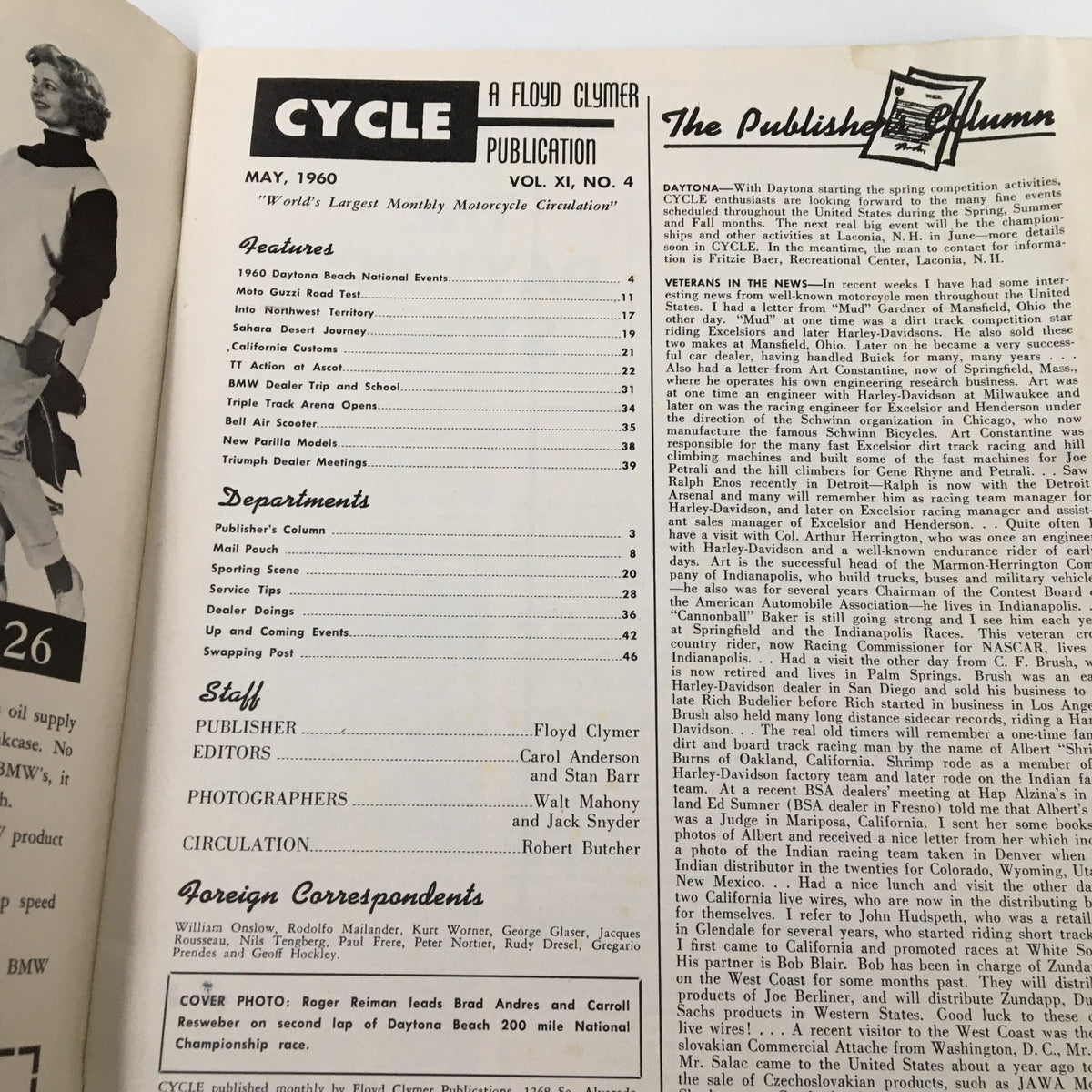 Inside page of VTG Cycle Magazine May 1960, displaying the table of contents with articles on the 1960 Daytona Beach National Events and profiles of motorcycle industry figures.