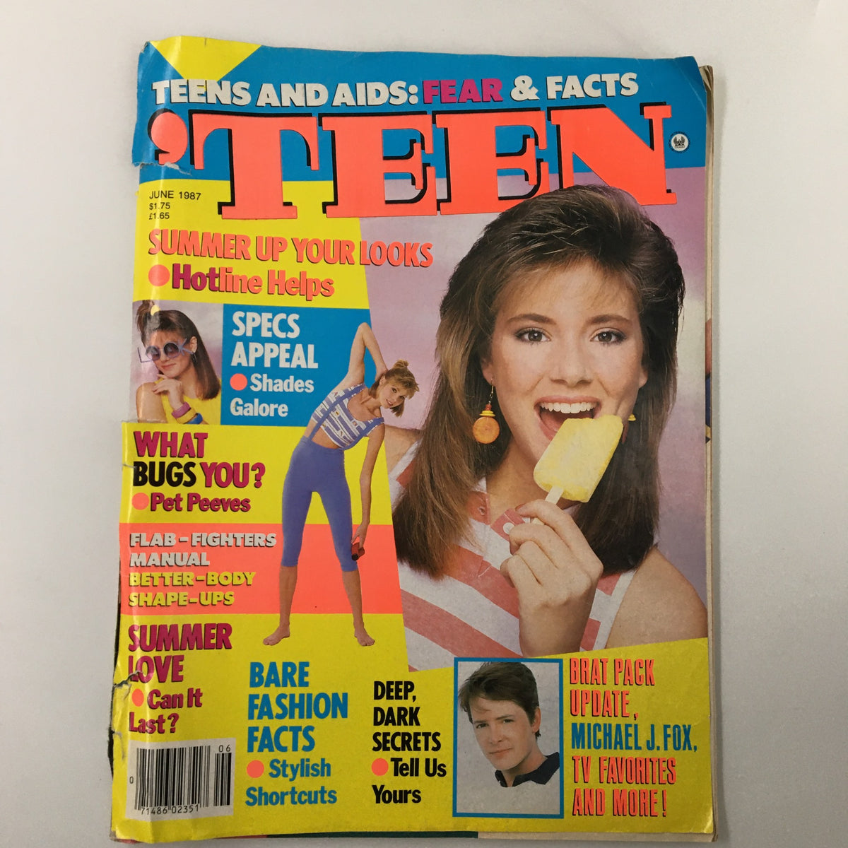 Front cover of VTG Teen Magazine June 1987 featuring the Brat Pack and Michael J. Fox, showcasing colorful graphics and fashion tips.