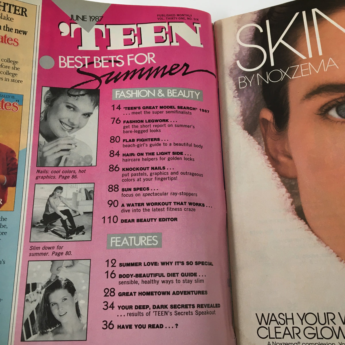 Inside page of VTG Teen Magazine June 1987 showing articles on summer fashion and beauty tips from the 80s era.