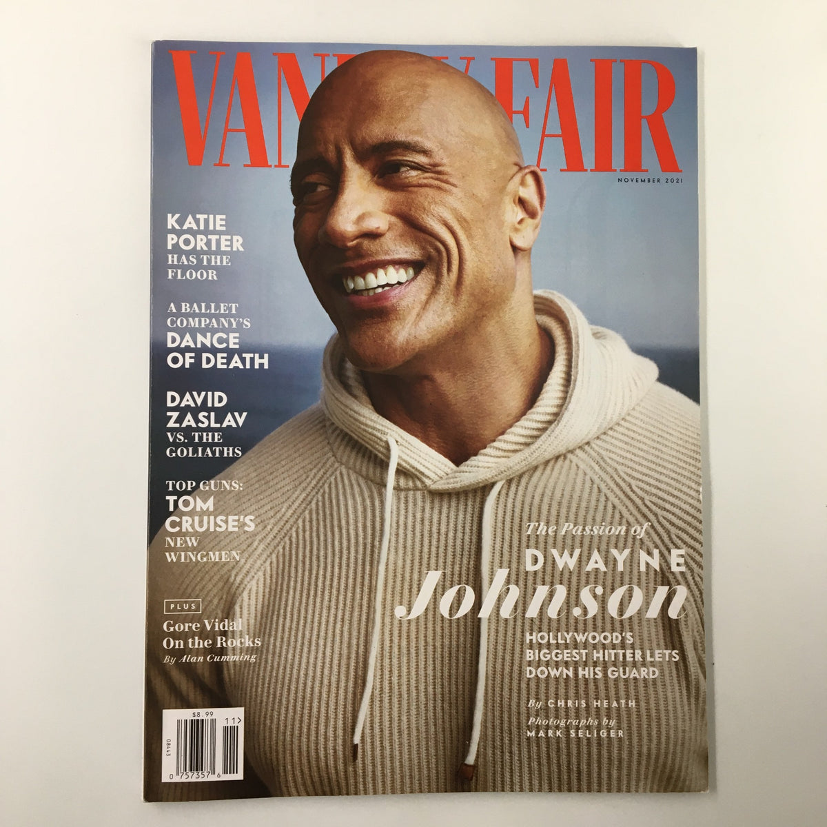 Vanity Fair Magazine November 2021 cover featuring Dwayne Johnson, showcasing his charismatic smile and the title 'The Passion of Dwayne Johnson'.