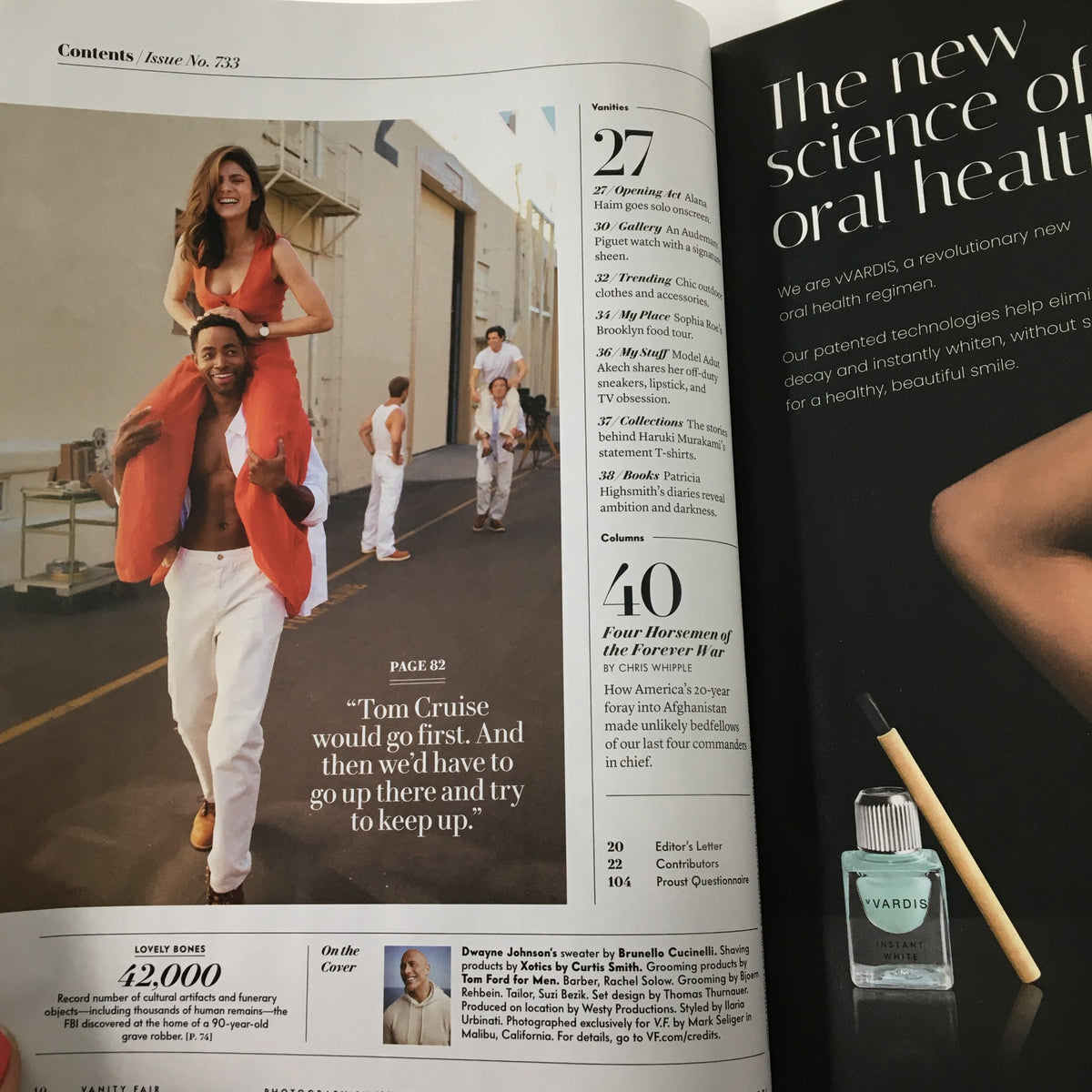 Inside page of Vanity Fair Magazine November 2021, featuring a photo of Dwayne Johnson with a quote about Tom Cruise and entertainment insights.