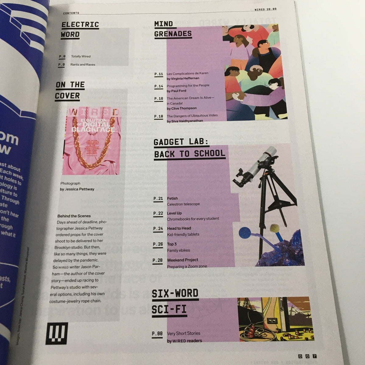 Contents page from Wired Magazine September 2020 displaying various articles with the cover image highlighted, including 'The Evolution of Digital Blackface', reflecting the magazine's diverse topics.