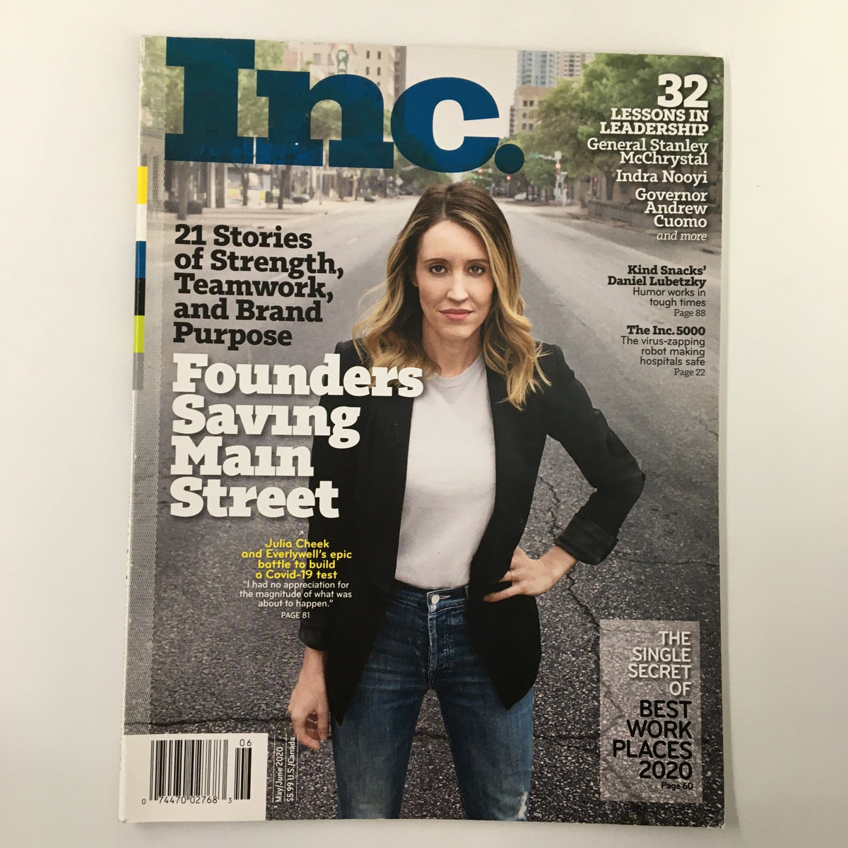 Cover of Inc. Magazine May June 2020 featuring Julia Cheek with the title 'Founders Saving Main Street' highlighting important stories on strength, teamwork, and brand purpose.