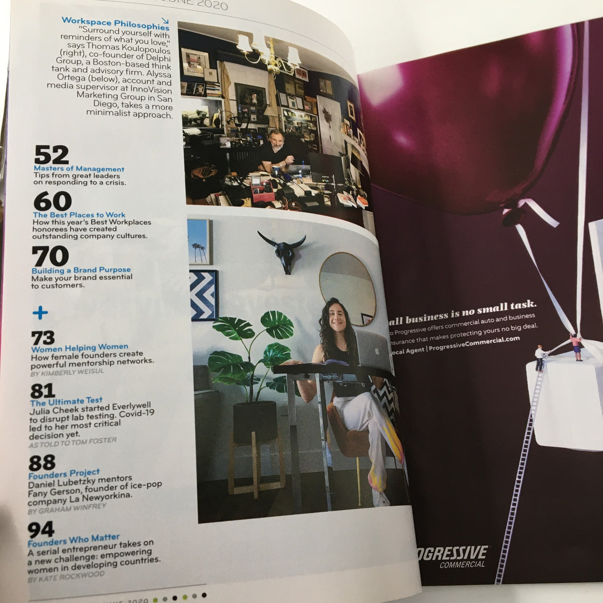 Inside page of Inc. Magazine May June 2020, includes articles related to workspace philosophy, women empowerment in business, and brand purpose.