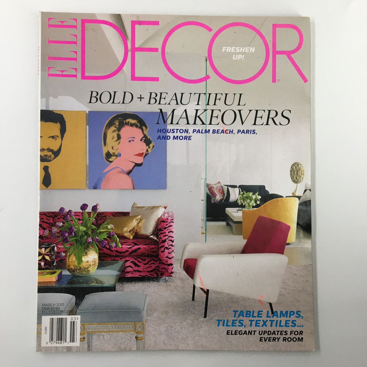 Cover of Elle Decor Magazine March 2015 featuring the title Bold + Beautiful Makeovers, showcasing vibrant interior design imagery from Houston and other locations.