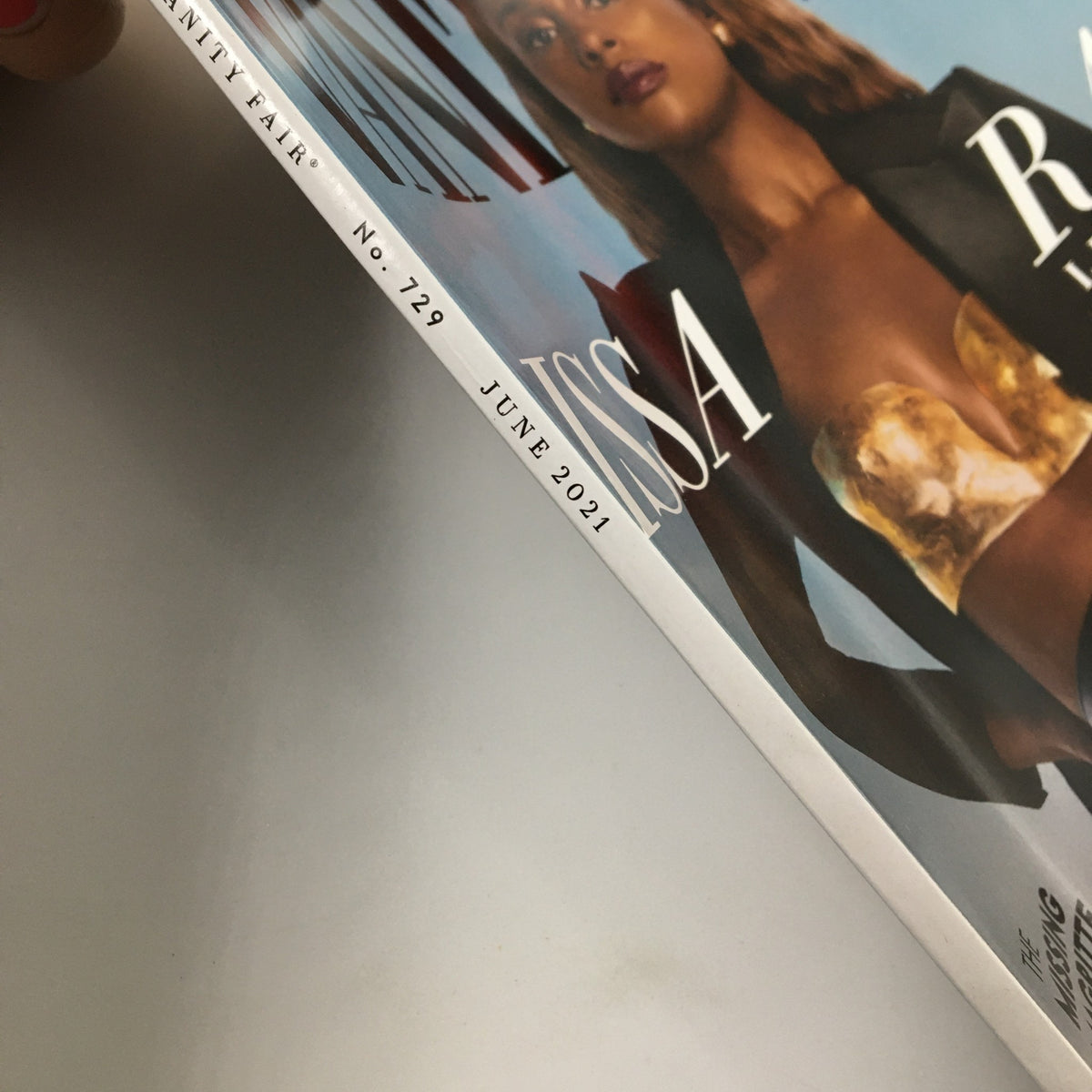 Side view of Vanity Fair Magazine June 2021 displaying the issue number 729 and the publication date.