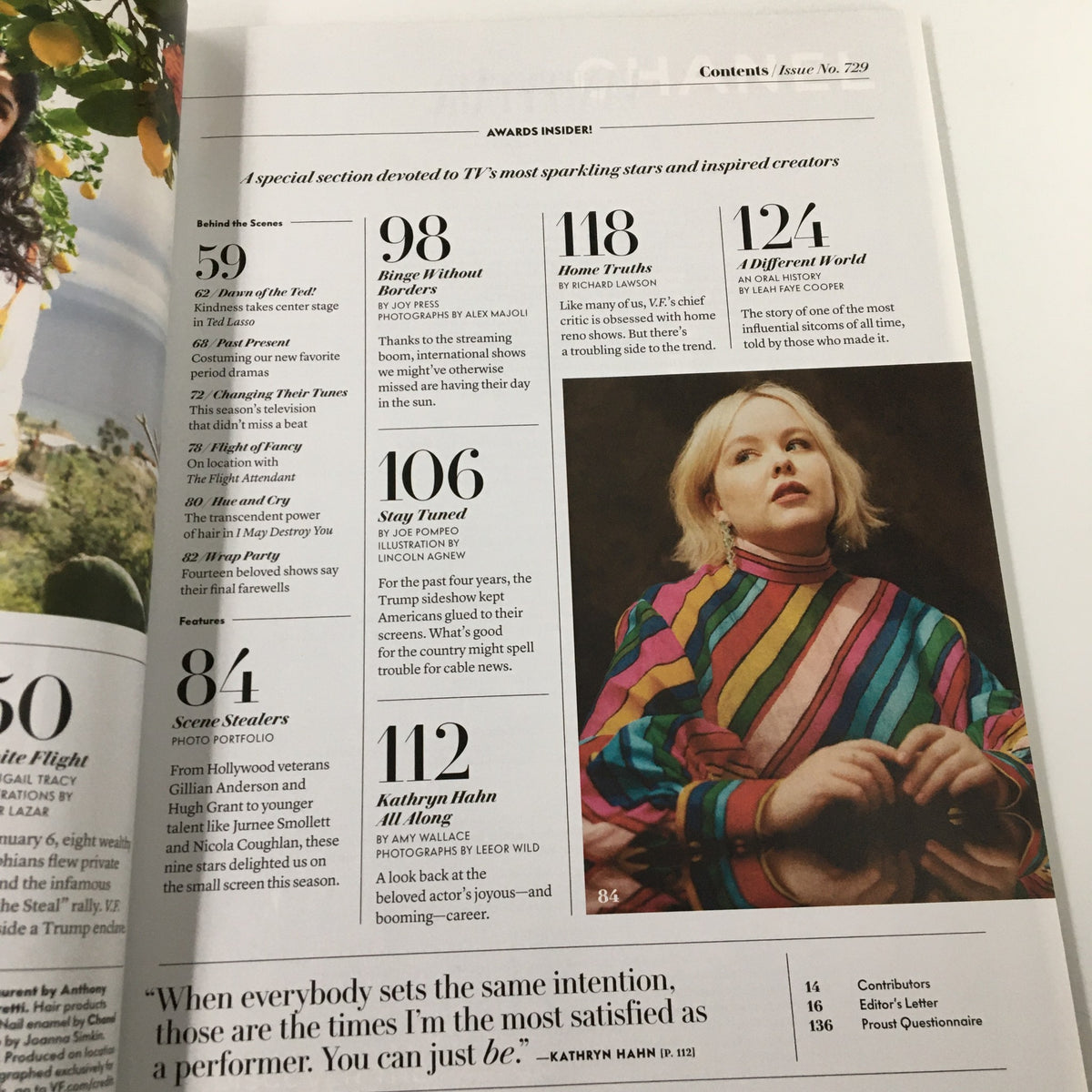 Contents page of Vanity Fair Magazine June 2021 displaying sections dedicated to top stars and creators, including a quote from actress Kathryn Hahn.
