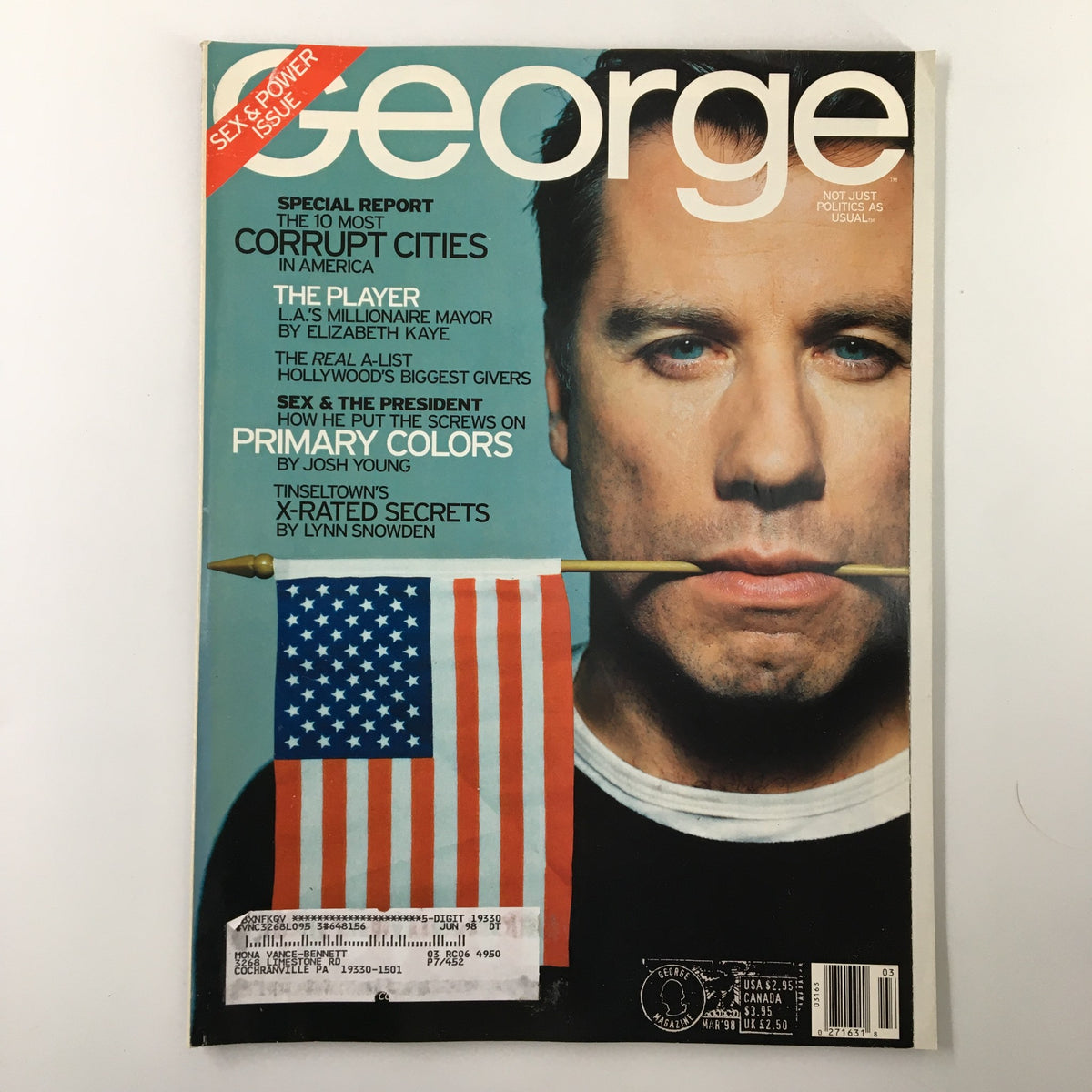 Cover of George Magazine, March 1998, featuring John Travolta and 'The 10 Most Corrupt Cities in America