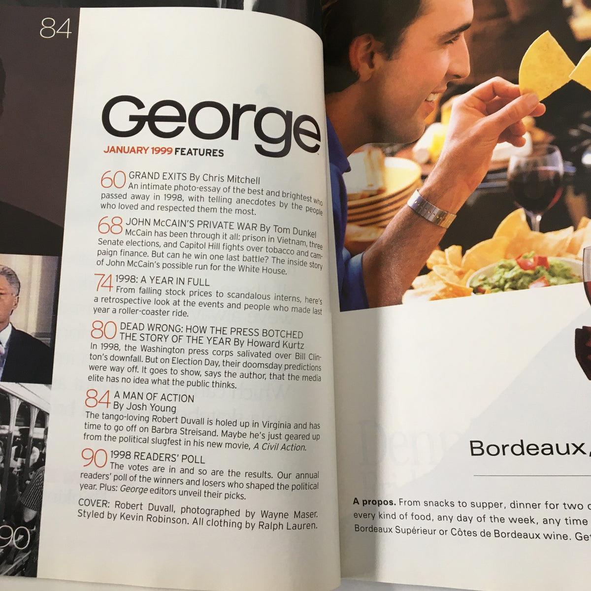 George Magazine January 1999 features an overview of articles including a cover story with Robert Duvall. The page includes listings of notable features such as 'John McCain's Private War' and '1998: A Year in Full', highlighting the magazine's focus on culture and politics of the late 1990s.