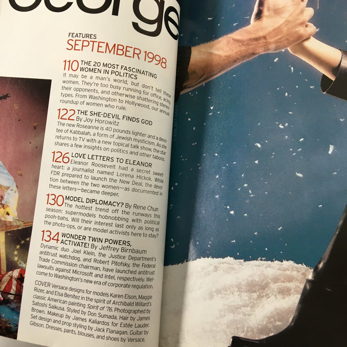 George Magazine September 1998 featuring a table of contents highlighting key articles such as 'Love Letters to Eleanor' about Eleanor Roosevelt, and 'Model Diplomacy' discussing political trends. This vintage magazine offers insights into politics and culture.
